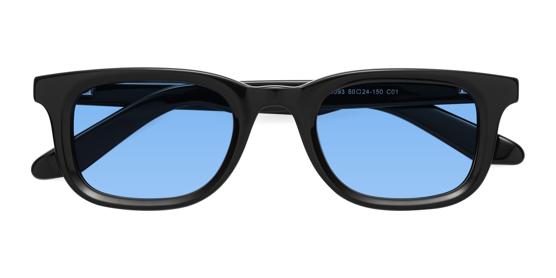 Folded Front of Reid in Black with Medium Blue Tinted Lenses