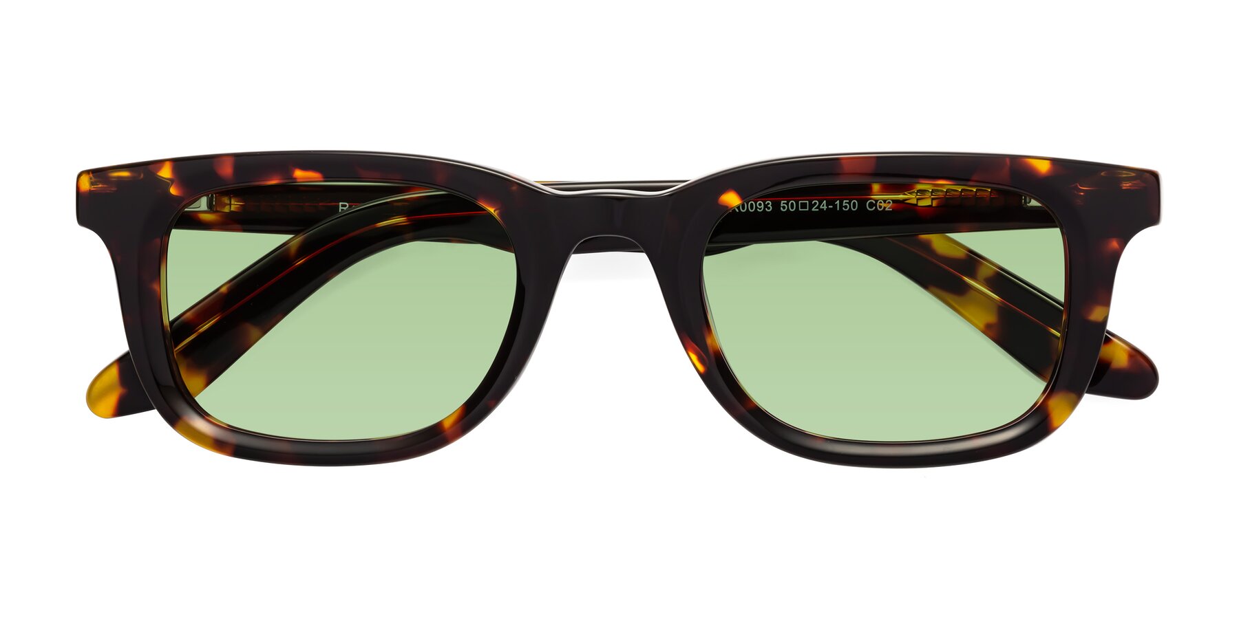 Folded Front of Reid in Tortoise with Medium Green Tinted Lenses