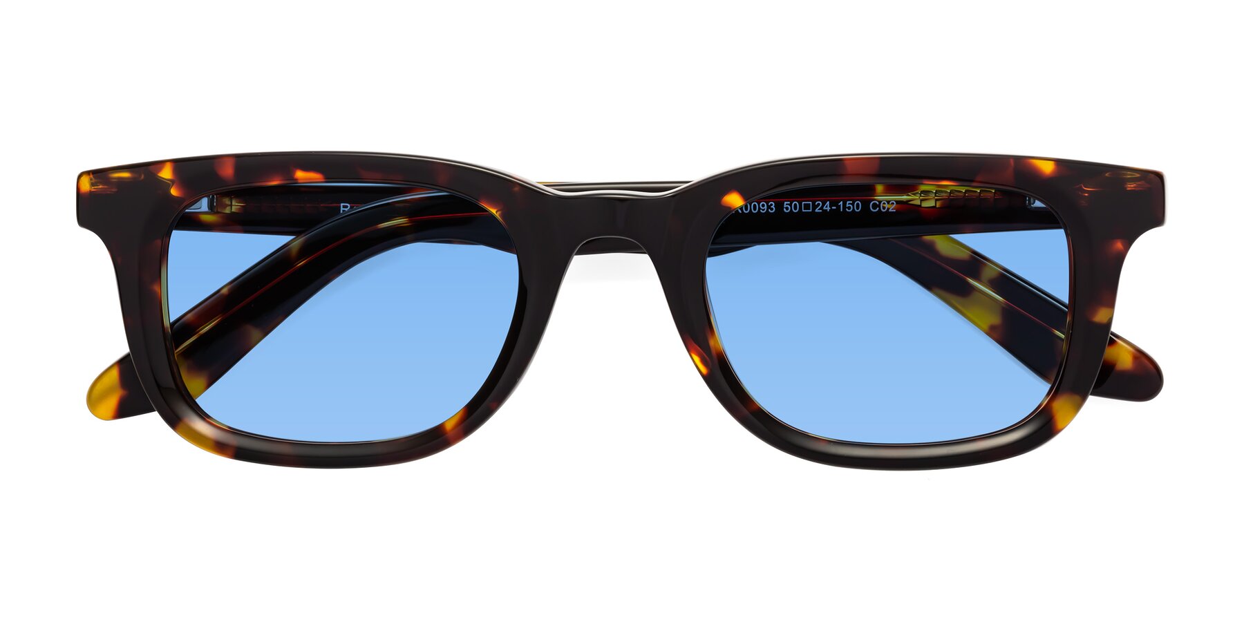 Folded Front of Reid in Tortoise with Medium Blue Tinted Lenses