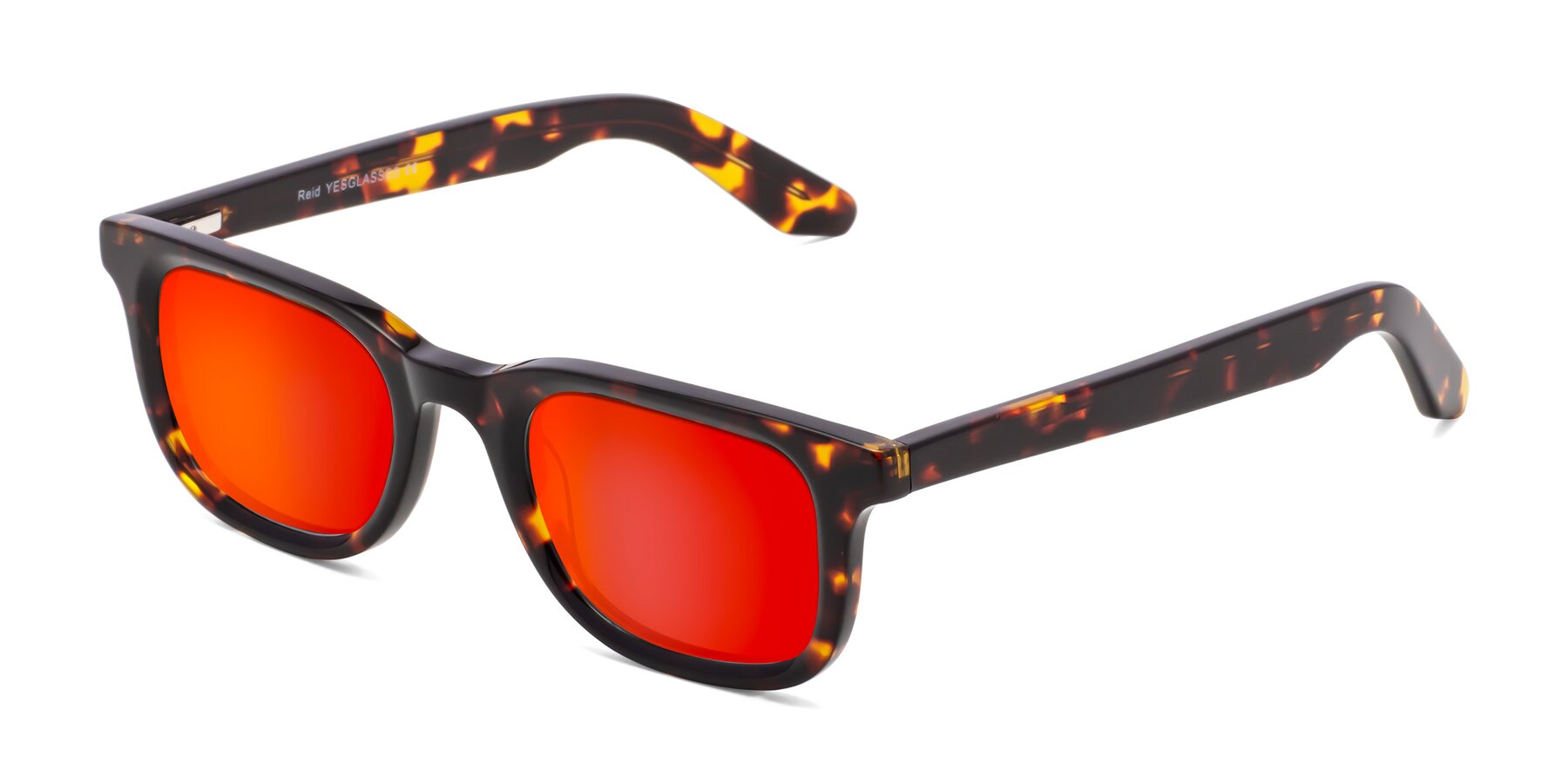 Angle of Reid in Tortoise with Red Gold Mirrored Lenses