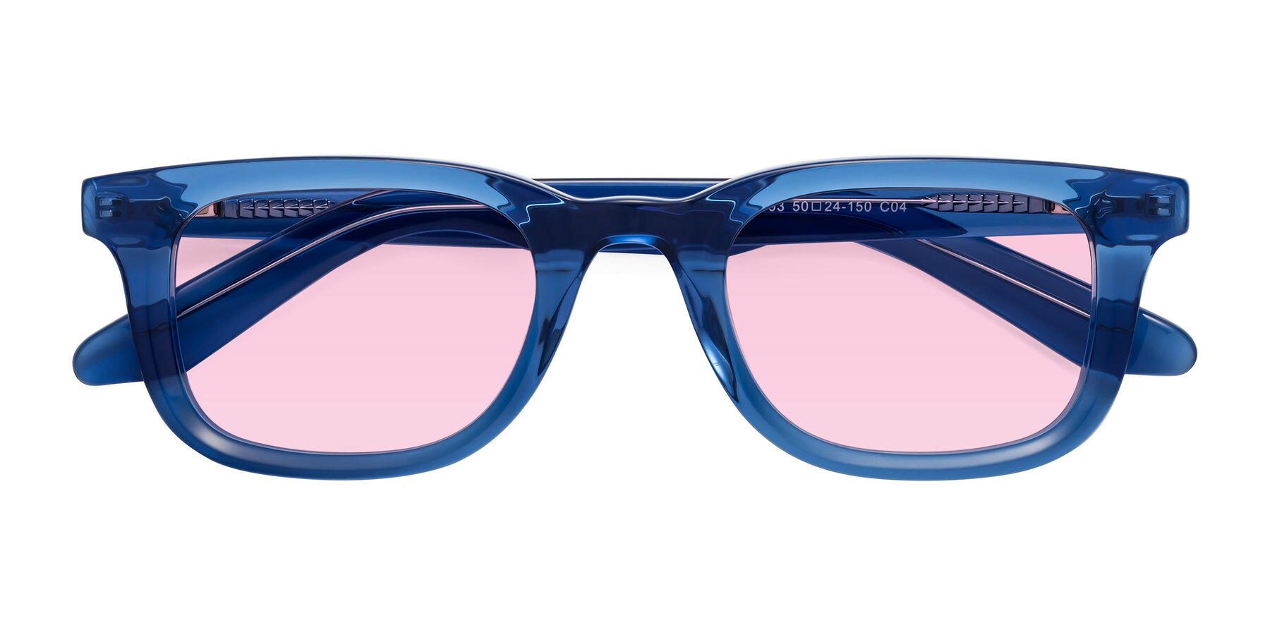 Folded Front of Reid in Crystal Blue with Light Pink Tinted Lenses