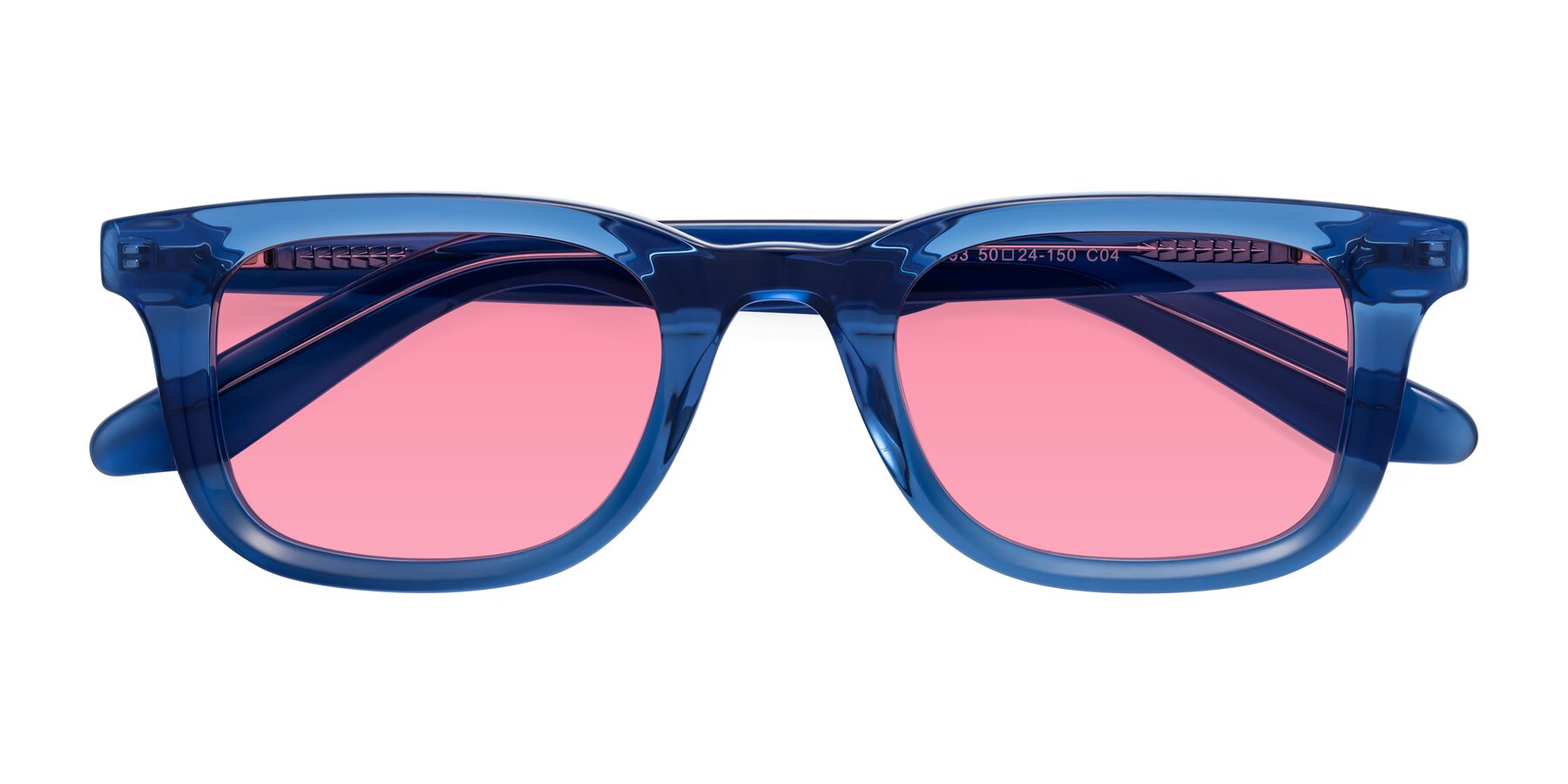 Folded Front of Reid in Crystal Blue with Pink Tinted Lenses