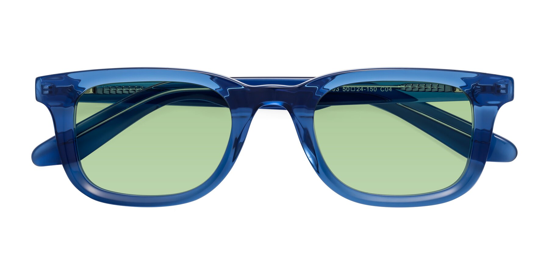 Folded Front of Reid in Crystal Blue with Medium Green Tinted Lenses