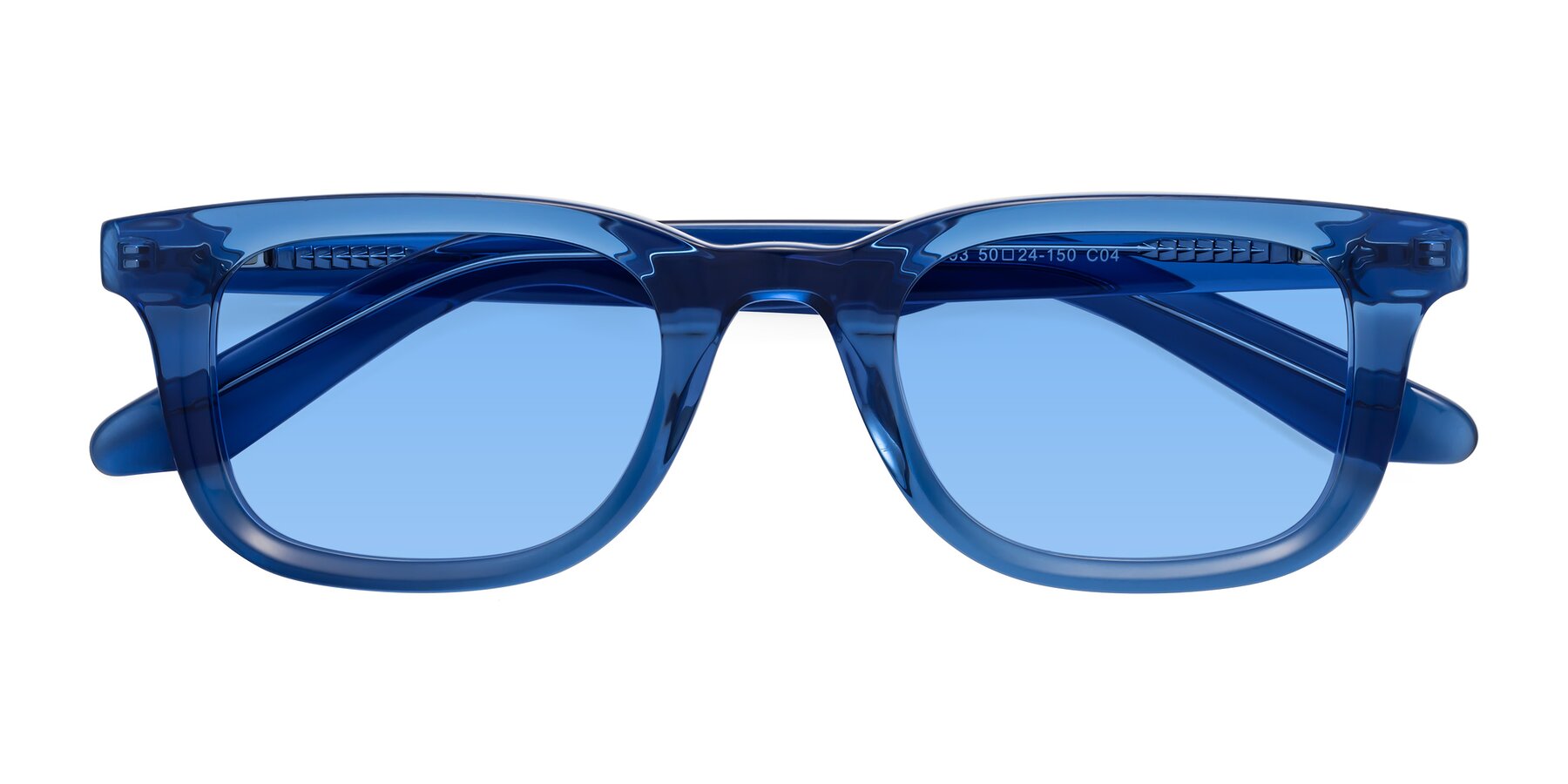 Folded Front of Reid in Crystal Blue with Medium Blue Tinted Lenses