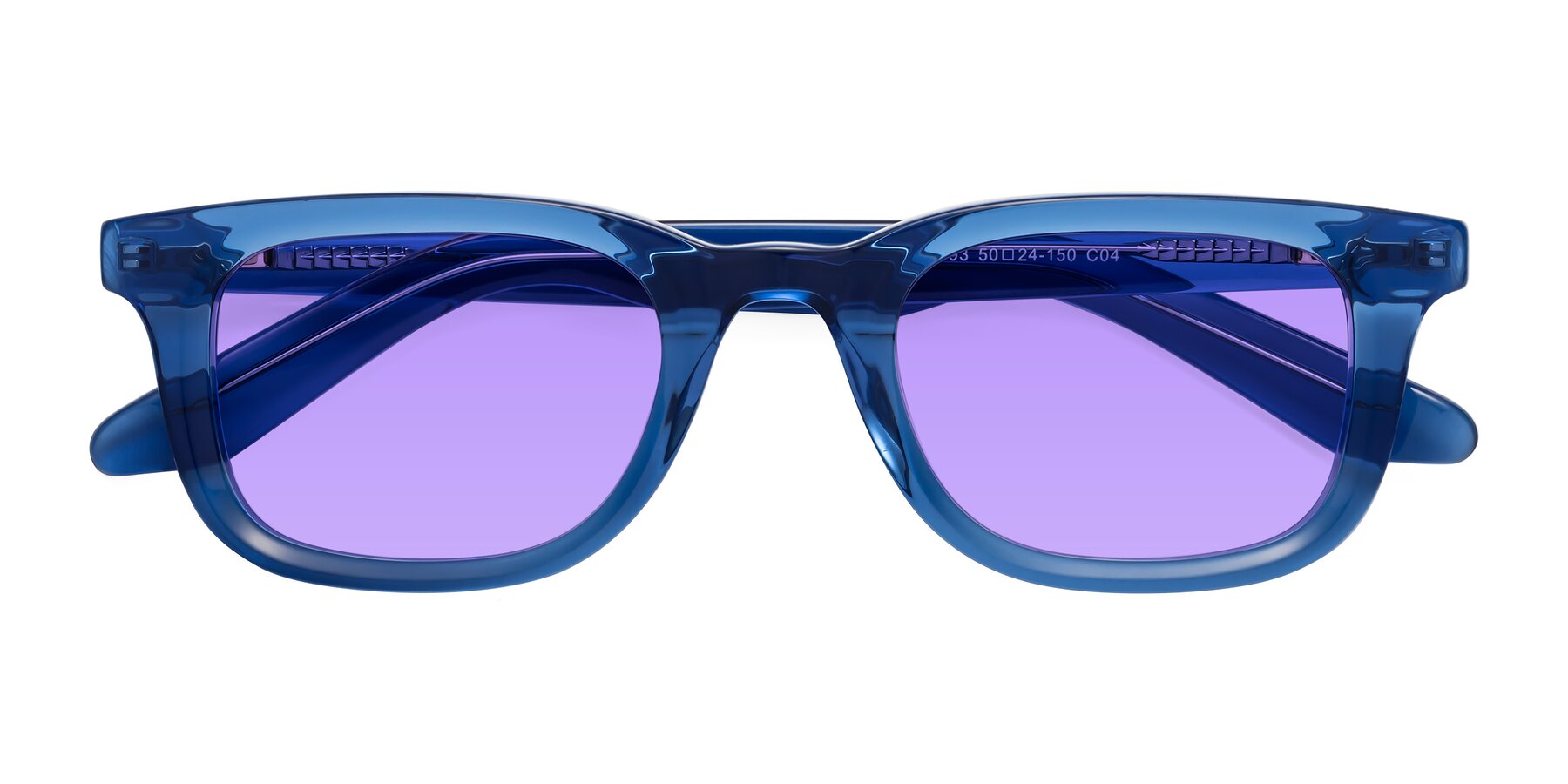 Folded Front of Reid in Crystal Blue with Medium Purple Tinted Lenses