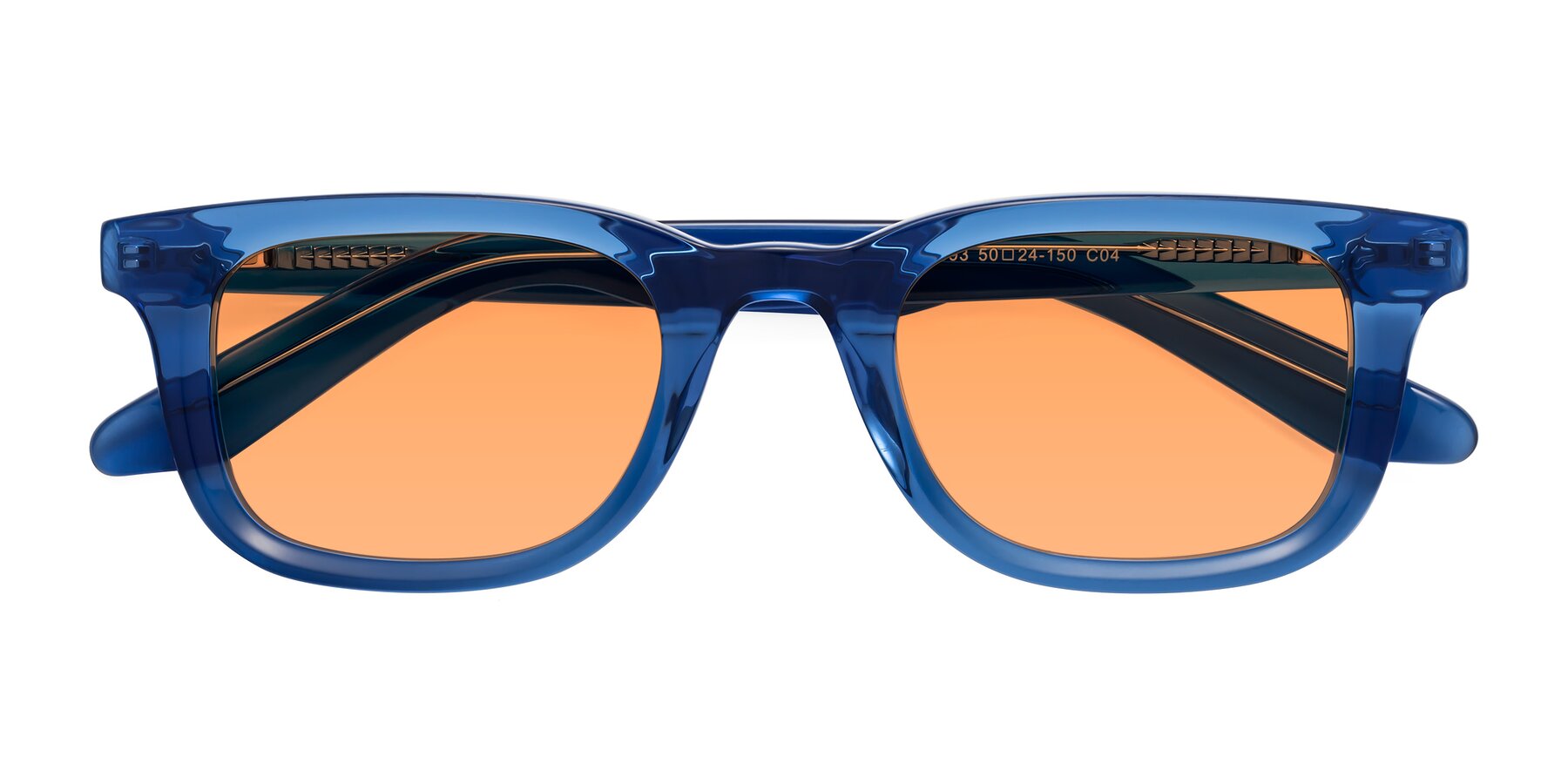 Folded Front of Reid in Crystal Blue with Medium Orange Tinted Lenses