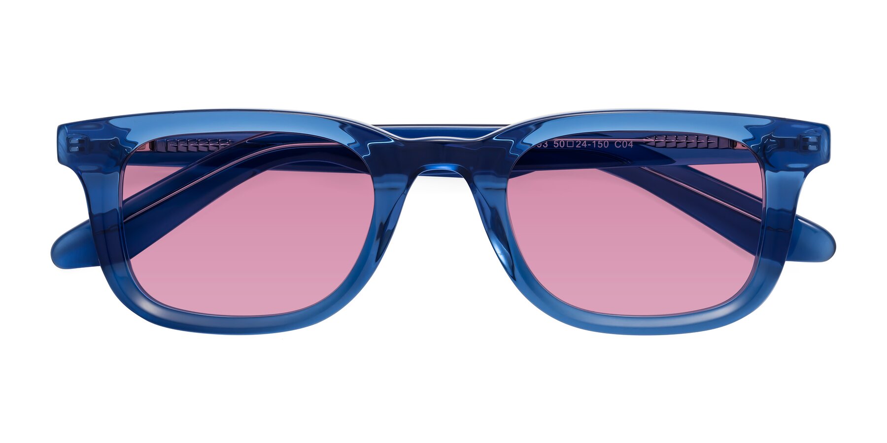 Folded Front of Reid in Crystal Blue with Medium Wine Tinted Lenses