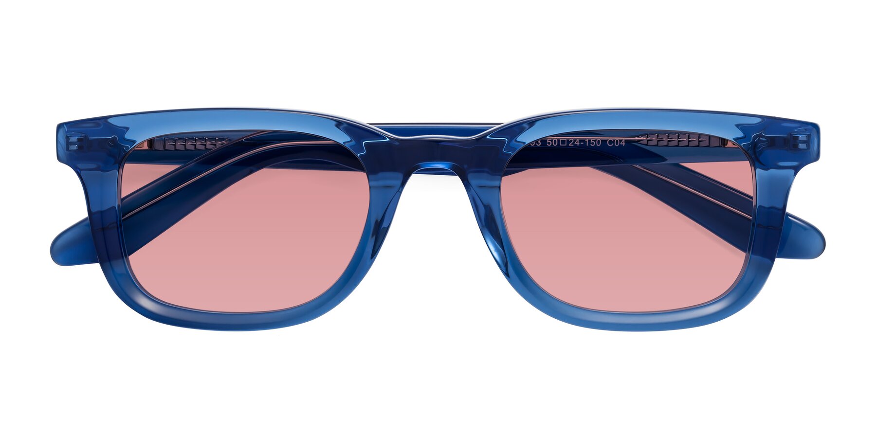 Folded Front of Reid in Crystal Blue with Medium Garnet Tinted Lenses