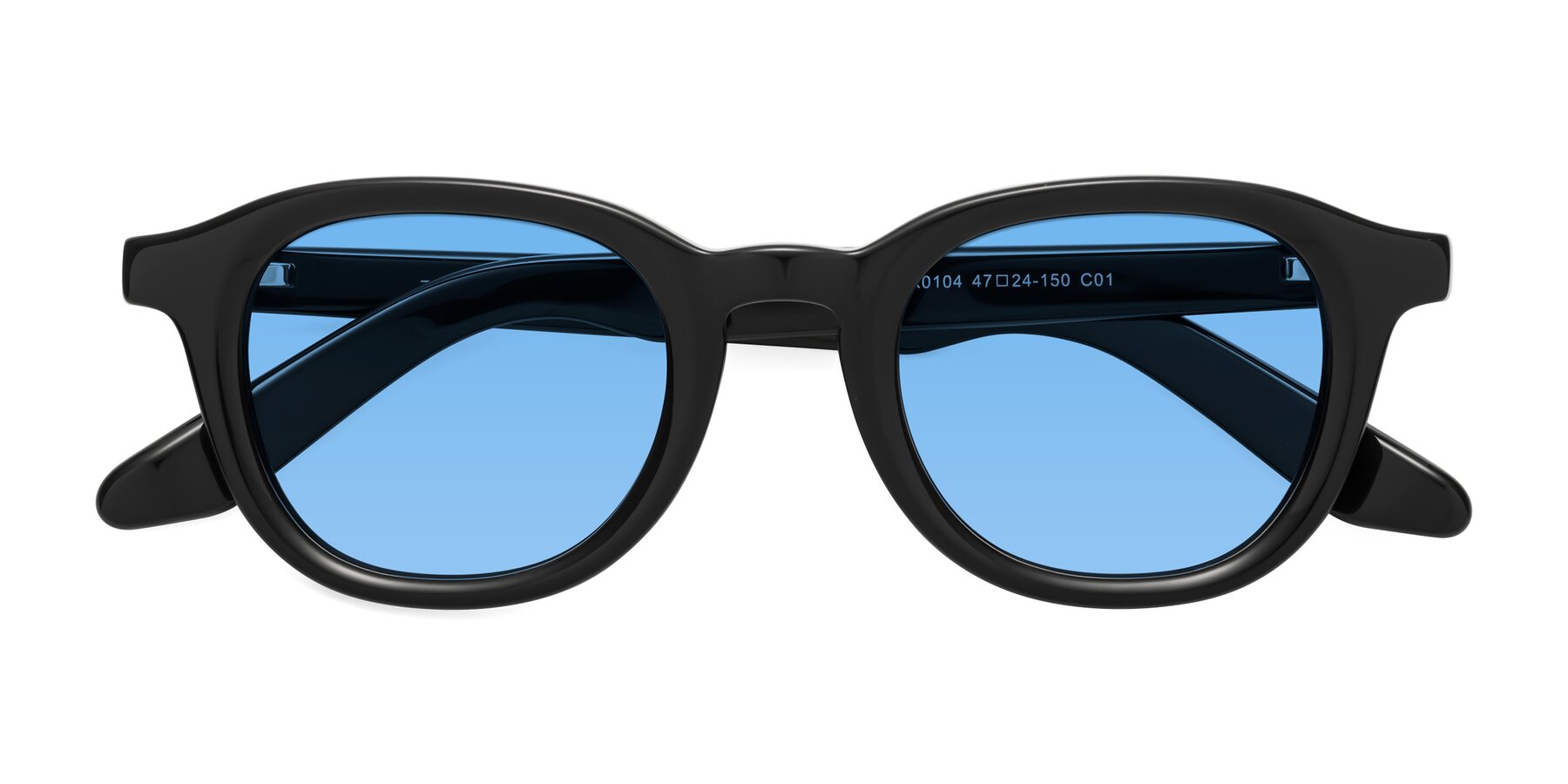 Folded Front of Titus in Black with Medium Blue Tinted Lenses