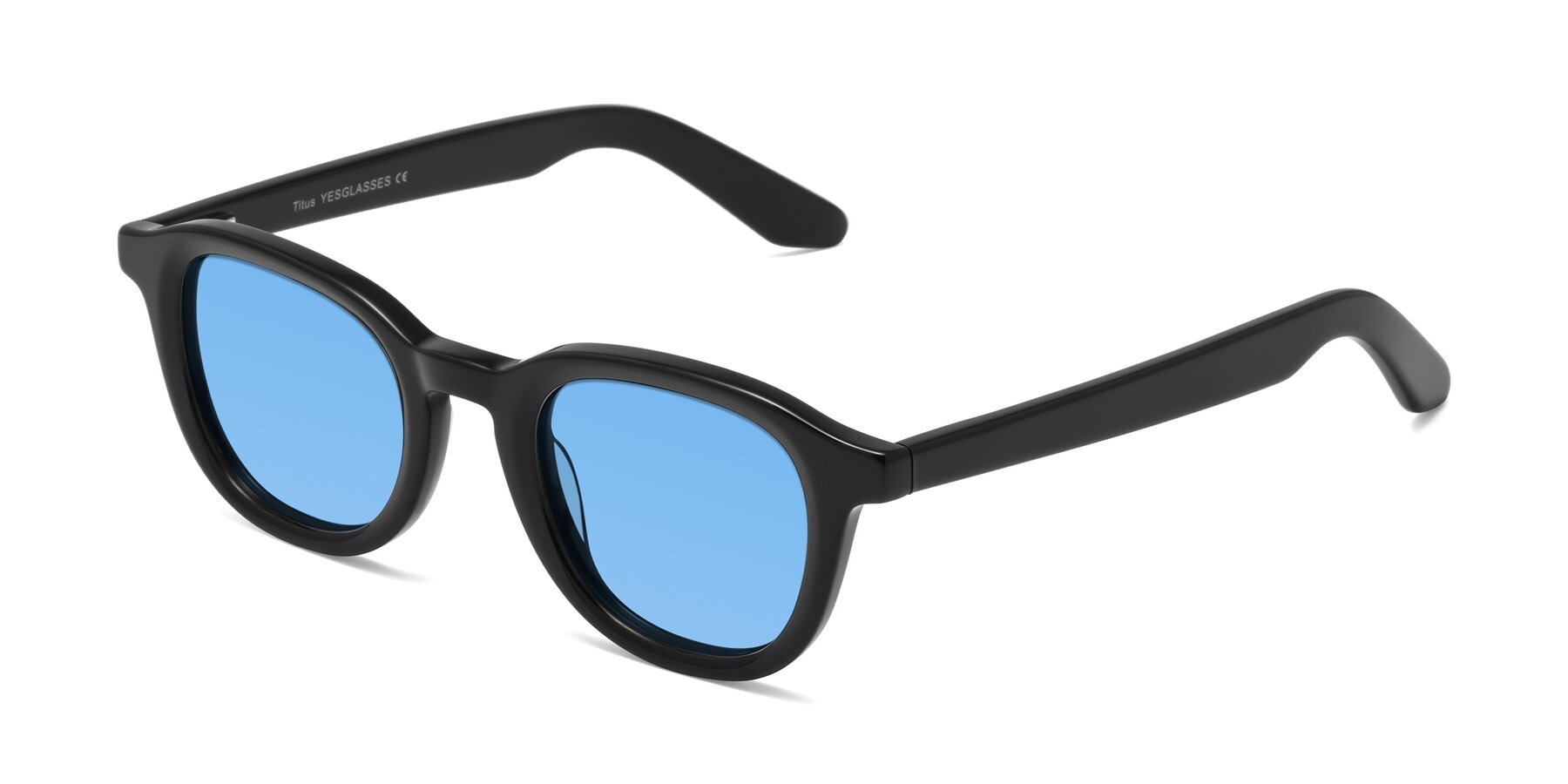Angle of Titus in Black with Medium Blue Tinted Lenses
