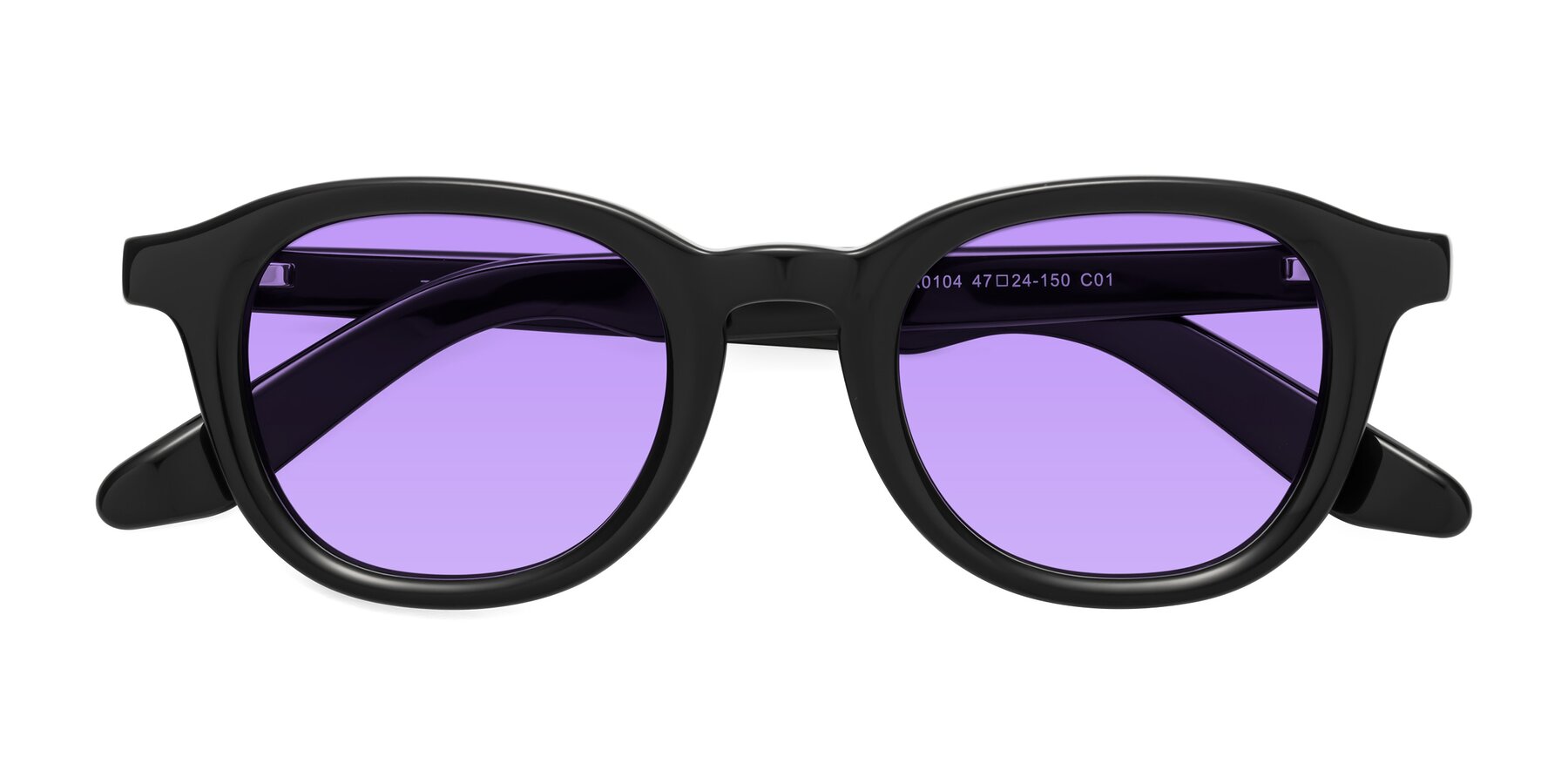 Folded Front of Titus in Black with Medium Purple Tinted Lenses