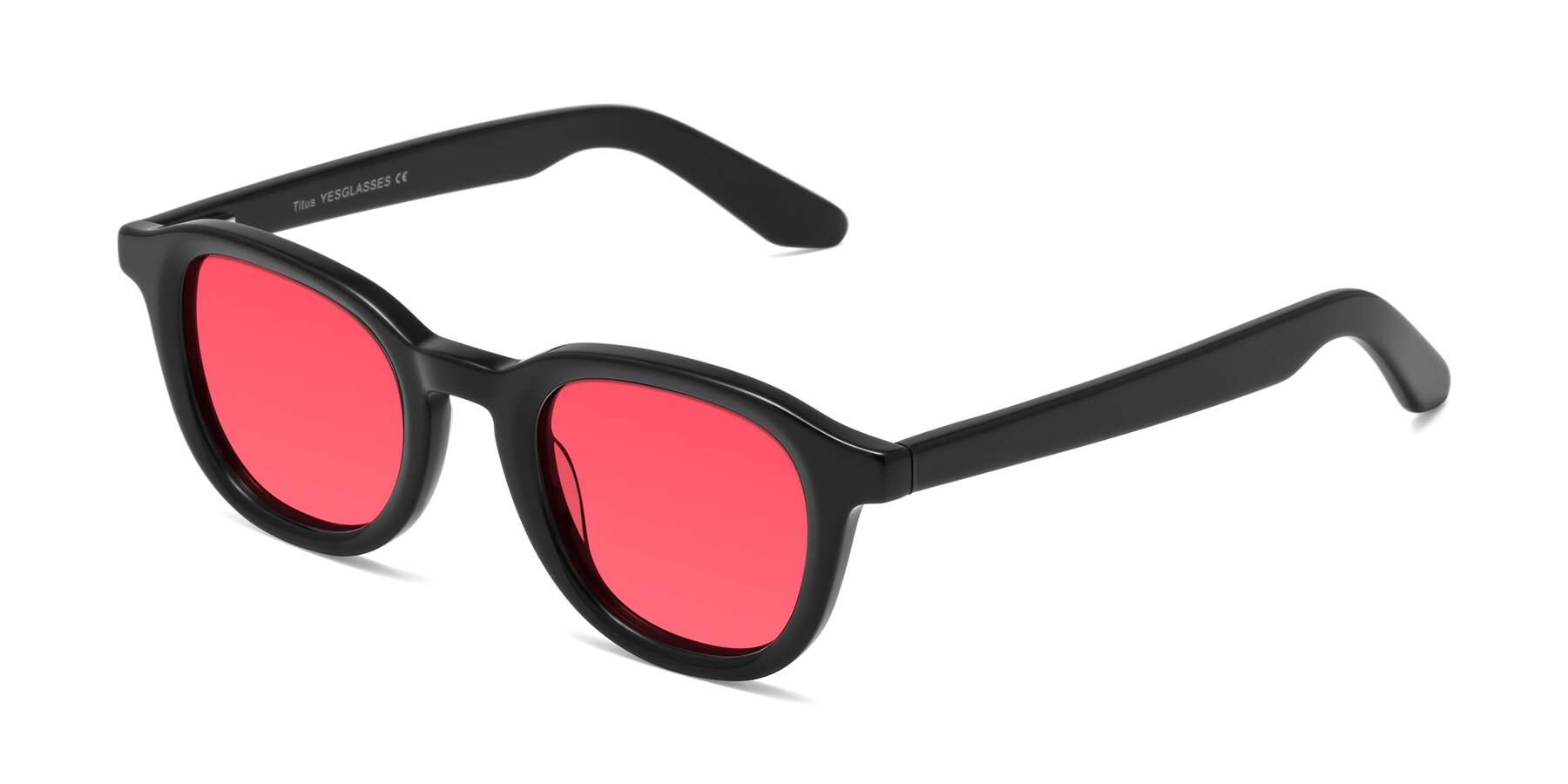 Angle of Titus in Black with Red Tinted Lenses