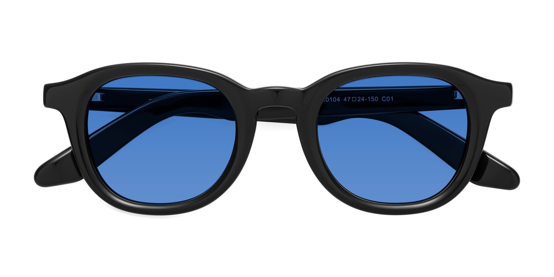 Folded Front of Titus in Black with Blue Tinted Lenses