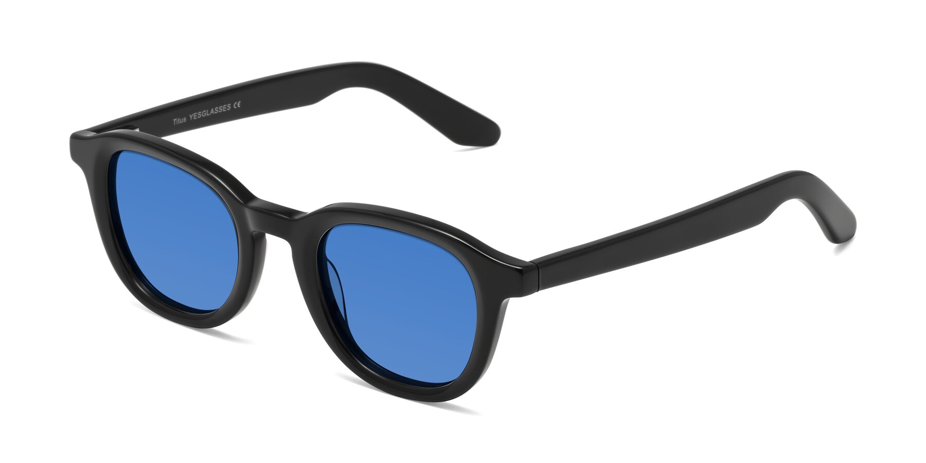 Angle of Titus in Black with Blue Tinted Lenses