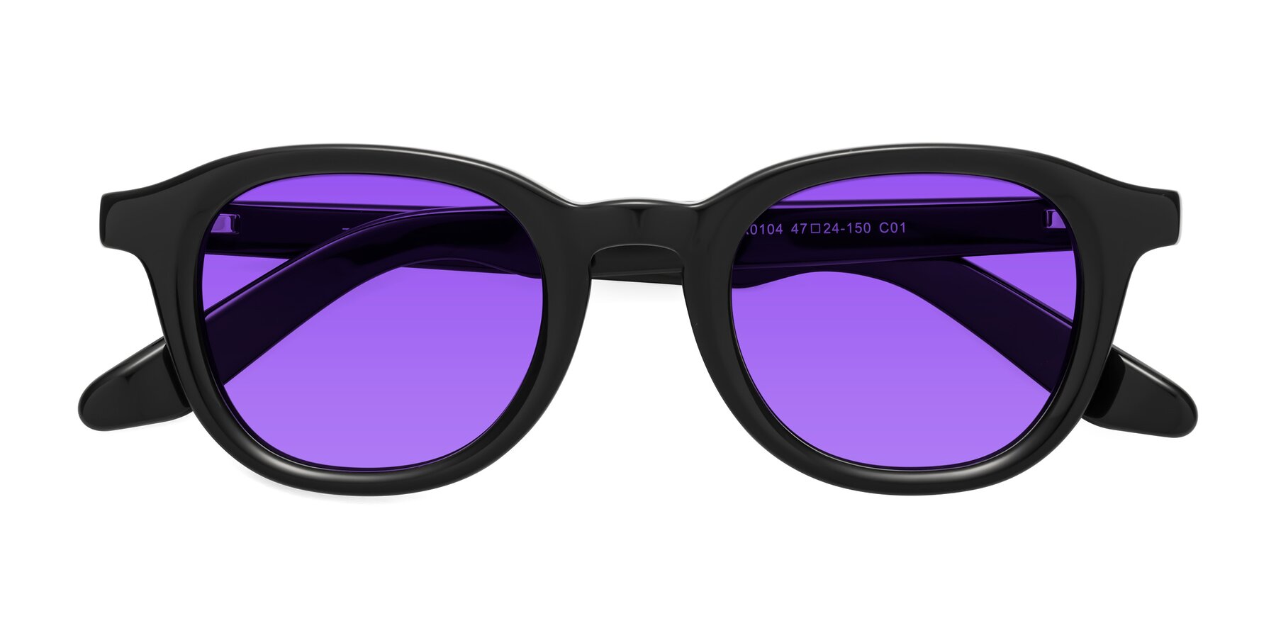 Folded Front of Titus in Black with Purple Tinted Lenses