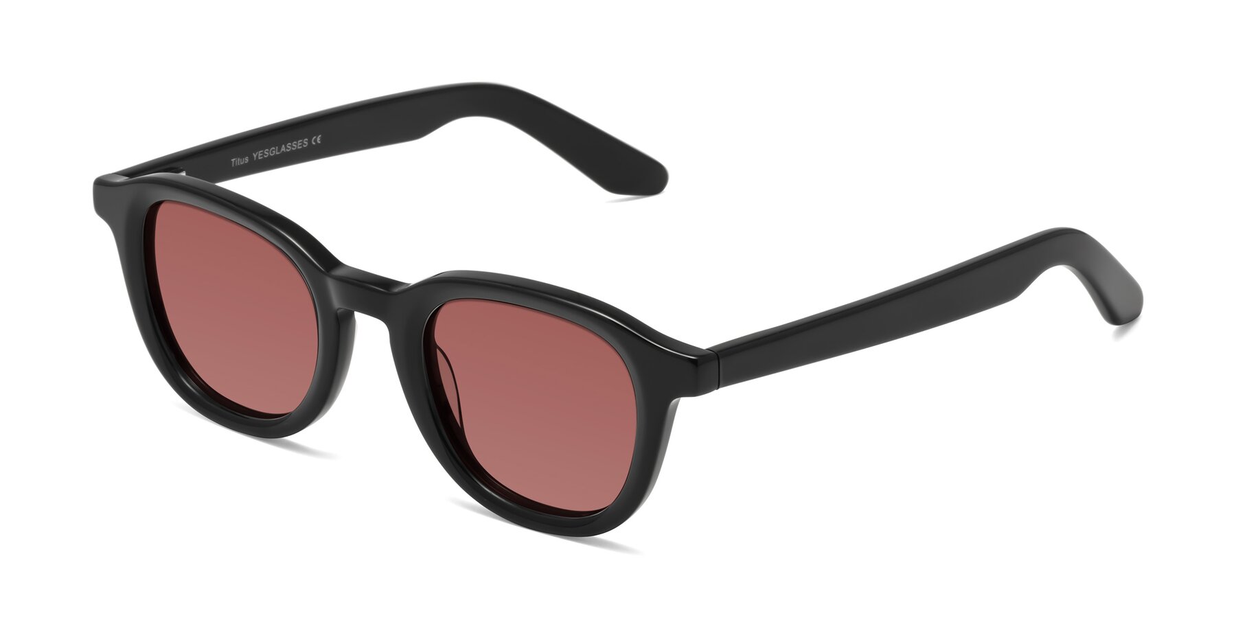 Angle of Titus in Black with Garnet Tinted Lenses