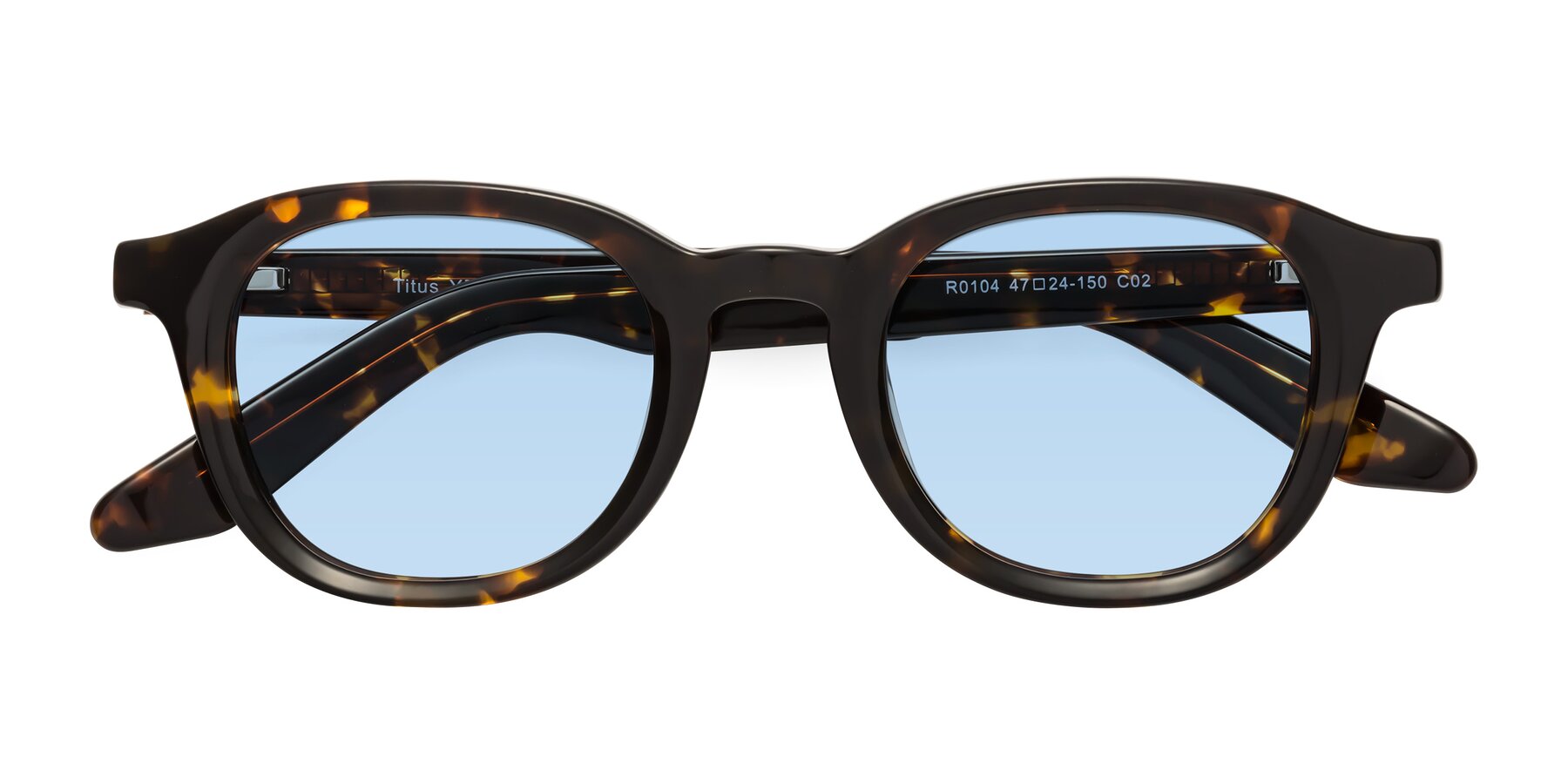 Folded Front of Titus in Tortoise with Light Blue Tinted Lenses