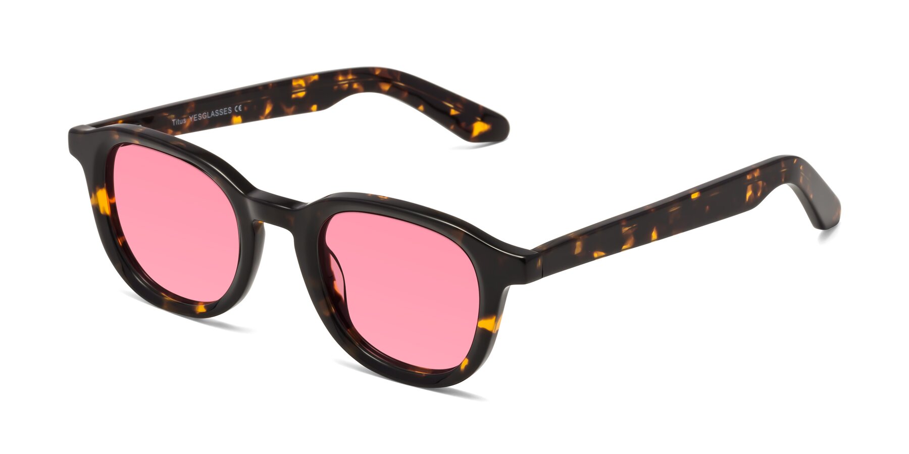 Angle of Titus in Tortoise with Pink Tinted Lenses