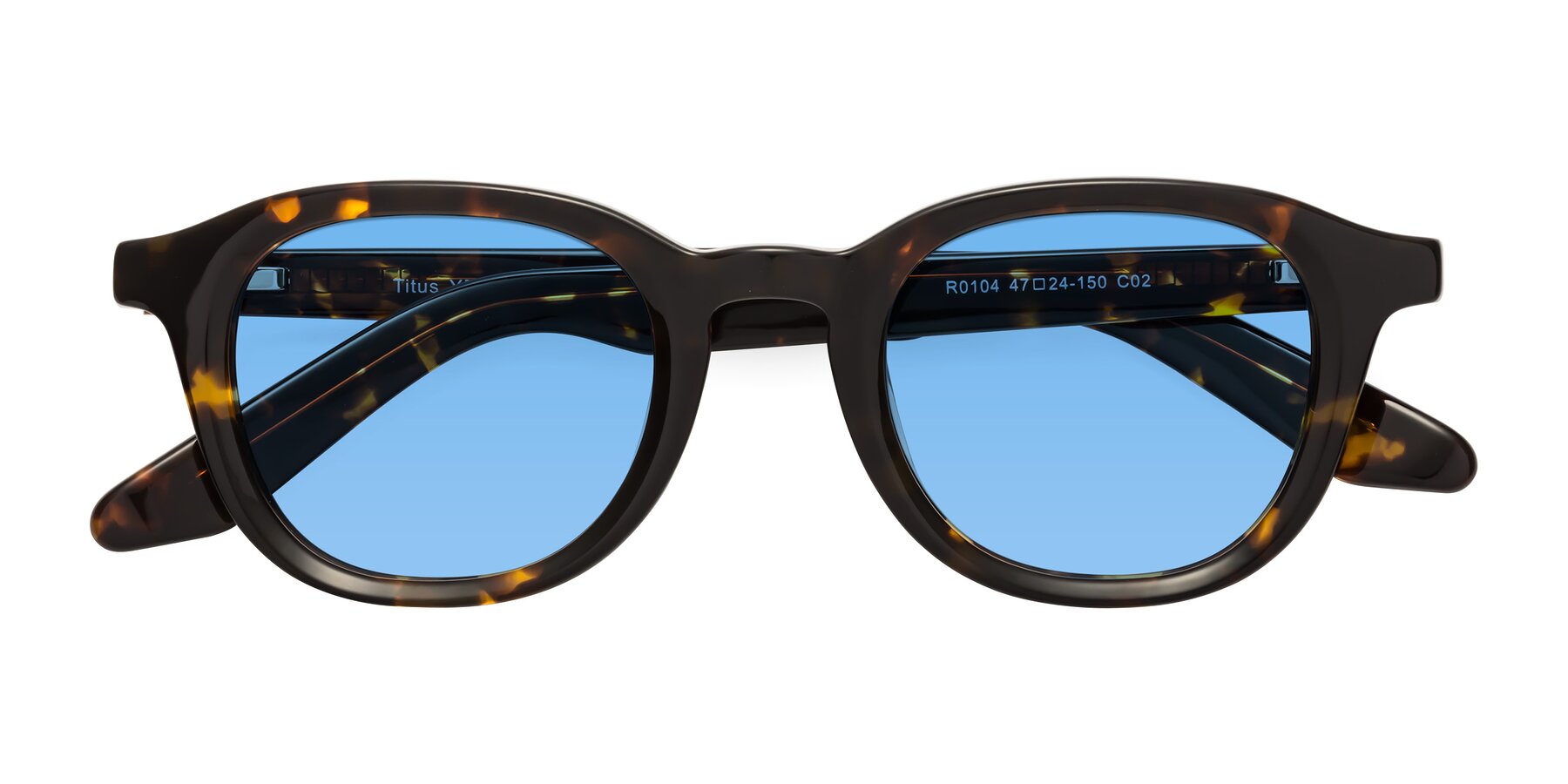 Folded Front of Titus in Tortoise with Medium Blue Tinted Lenses