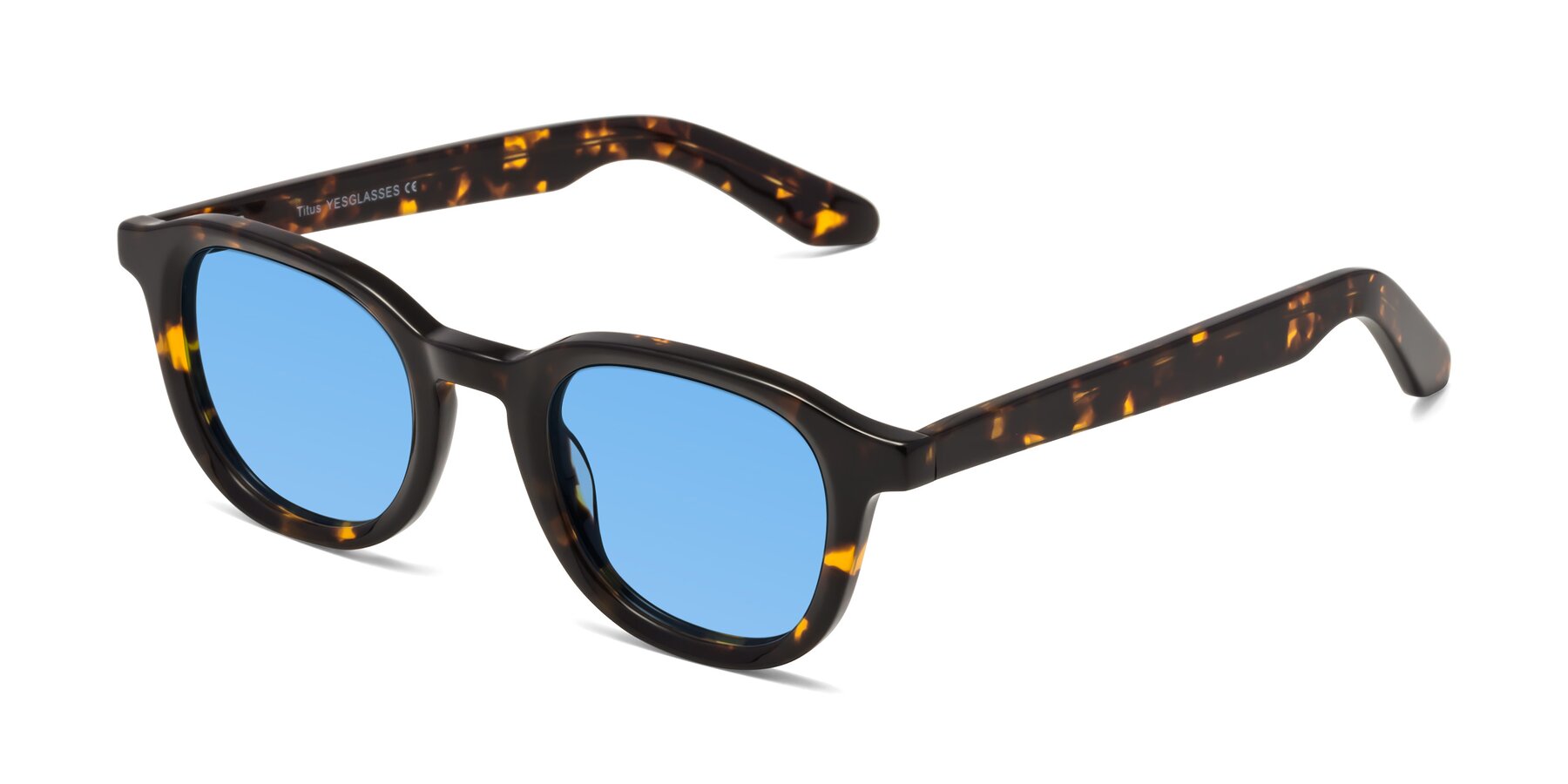 Angle of Titus in Tortoise with Medium Blue Tinted Lenses