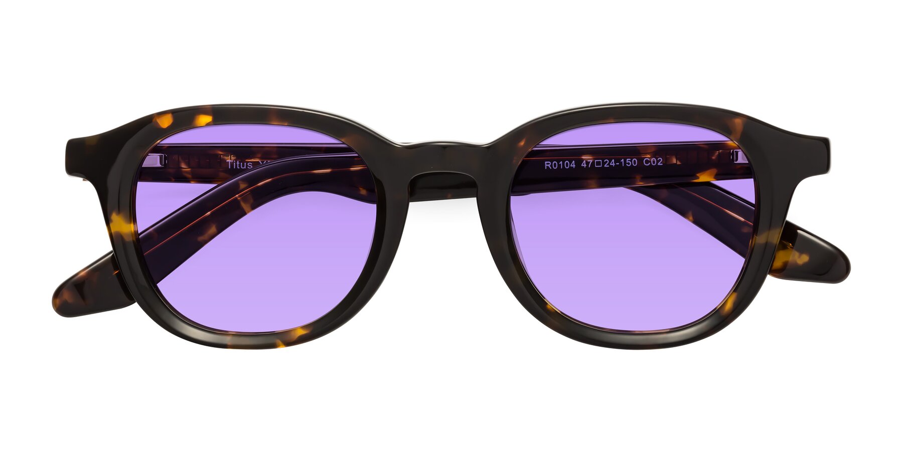 Folded Front of Titus in Tortoise with Medium Purple Tinted Lenses
