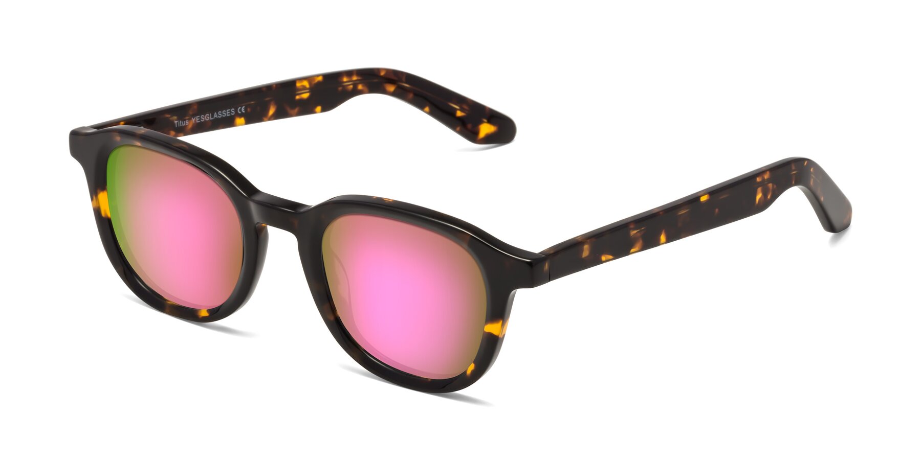 Angle of Titus in Tortoise with Pink Mirrored Lenses