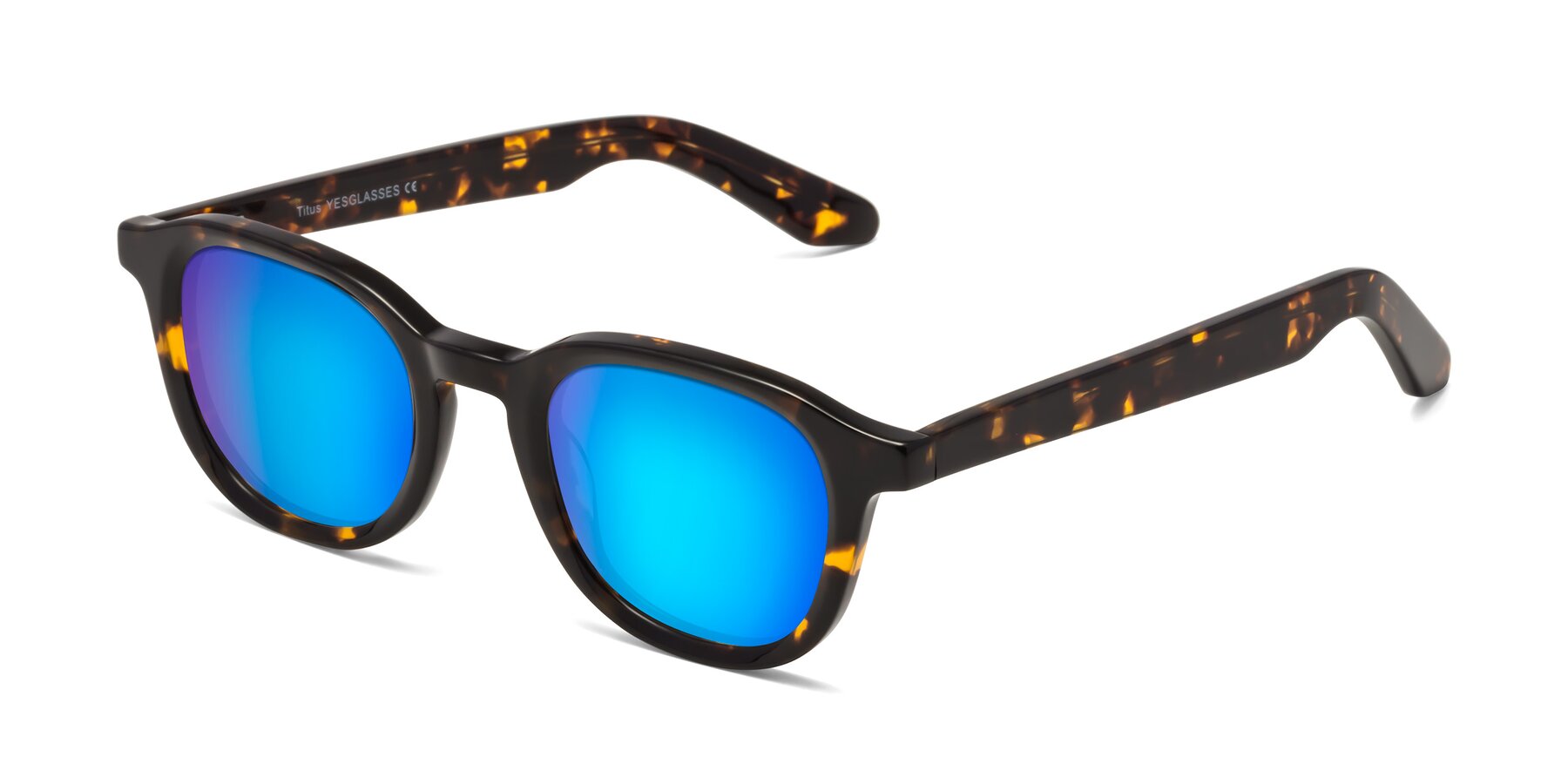 Angle of Titus in Tortoise with Blue Mirrored Lenses