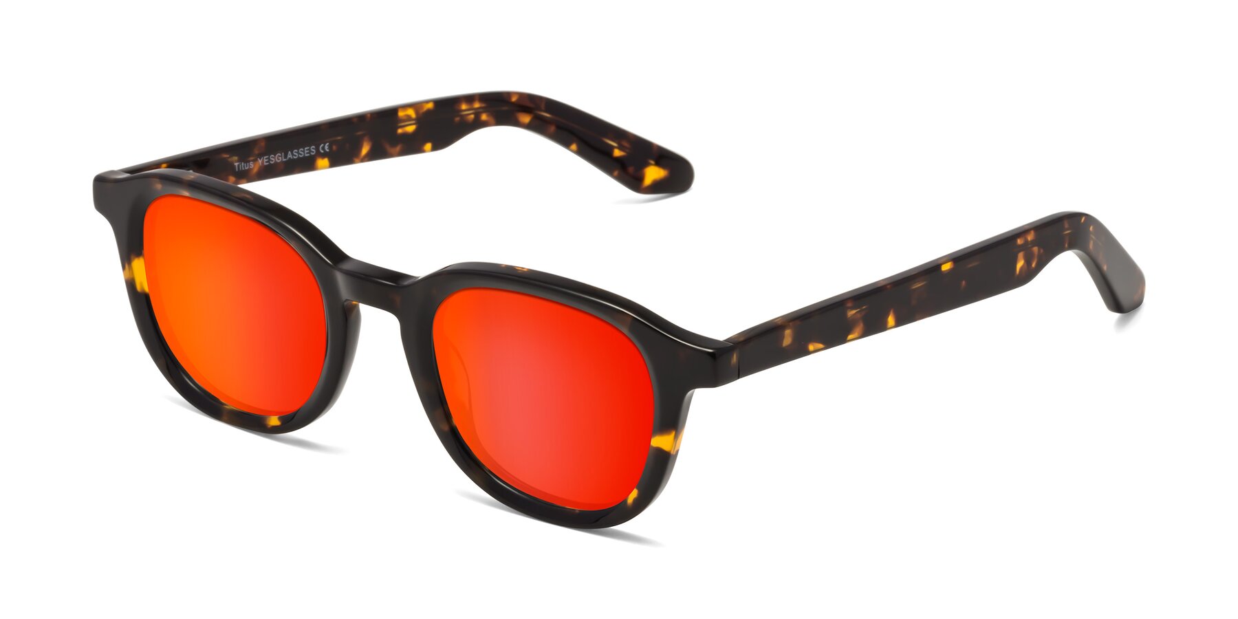 Angle of Titus in Tortoise with Red Gold Mirrored Lenses