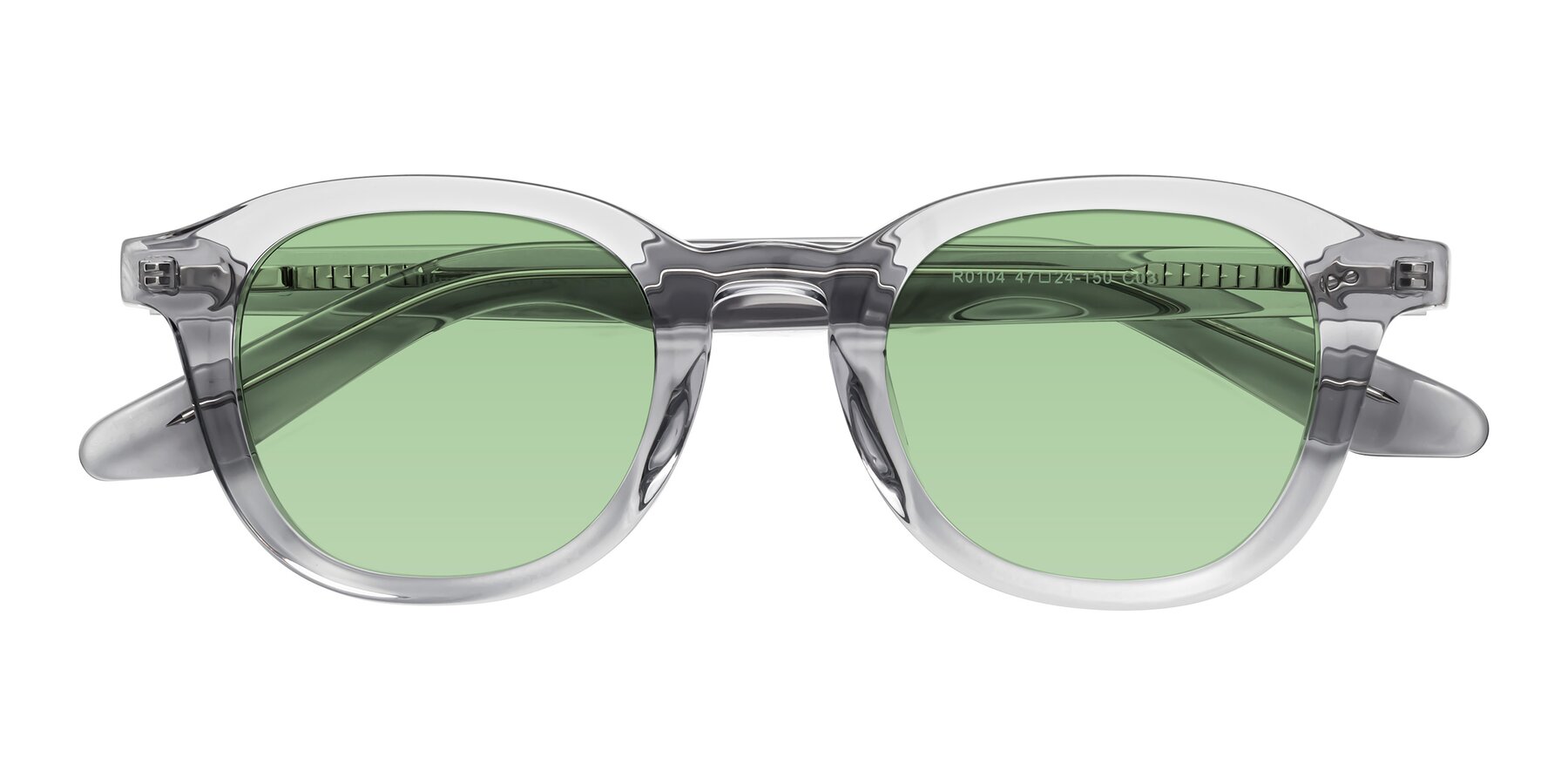 Folded Front of Titus in Transparent Gray with Medium Green Tinted Lenses