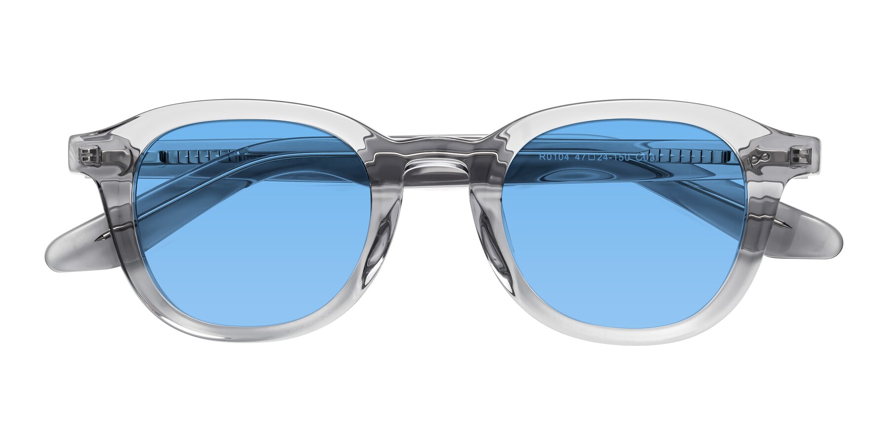 Folded Front of Titus in Transparent Gray with Medium Blue Tinted Lenses