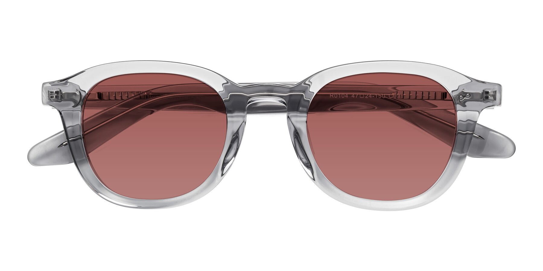 Folded Front of Titus in Transparent Gray with Garnet Tinted Lenses