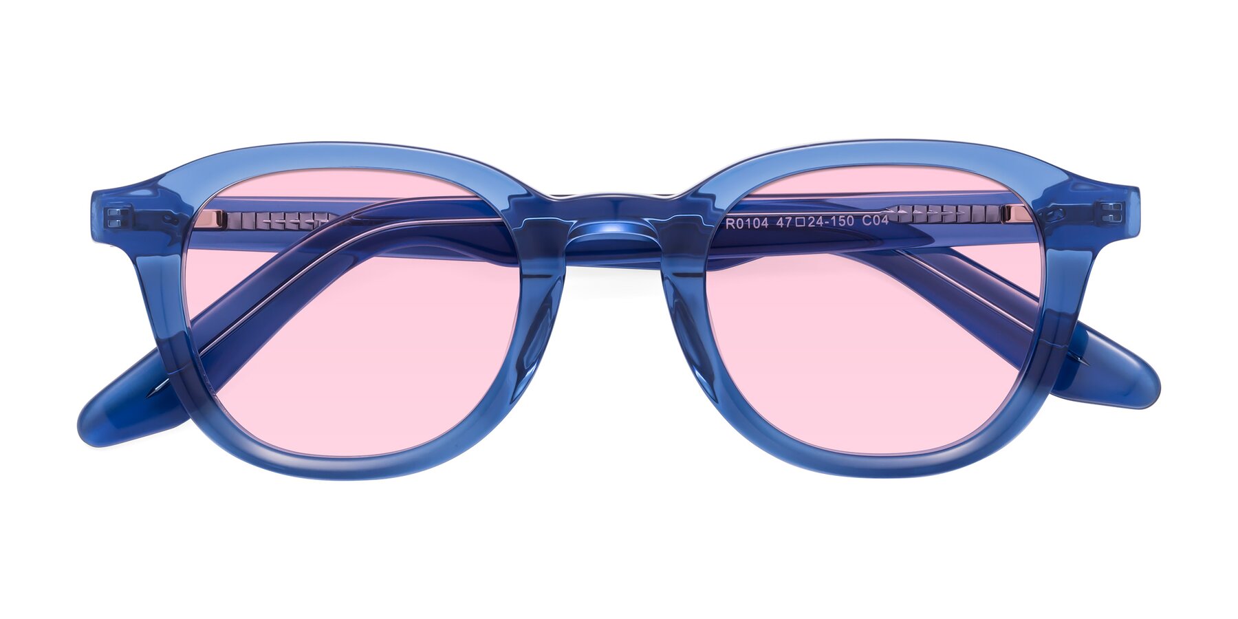 Folded Front of Titus in Translucent Blue with Light Pink Tinted Lenses