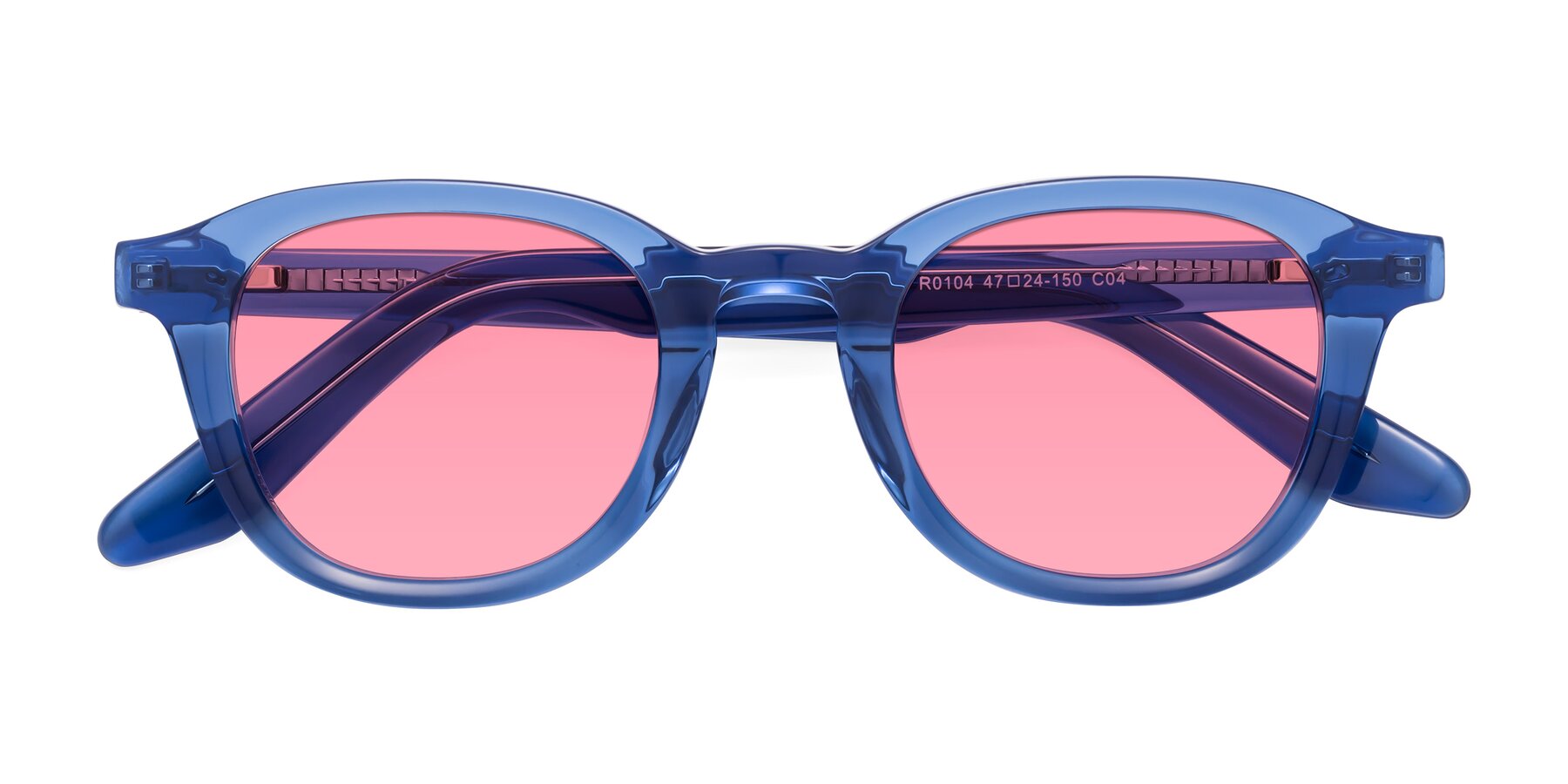 Folded Front of Titus in Translucent Blue with Pink Tinted Lenses