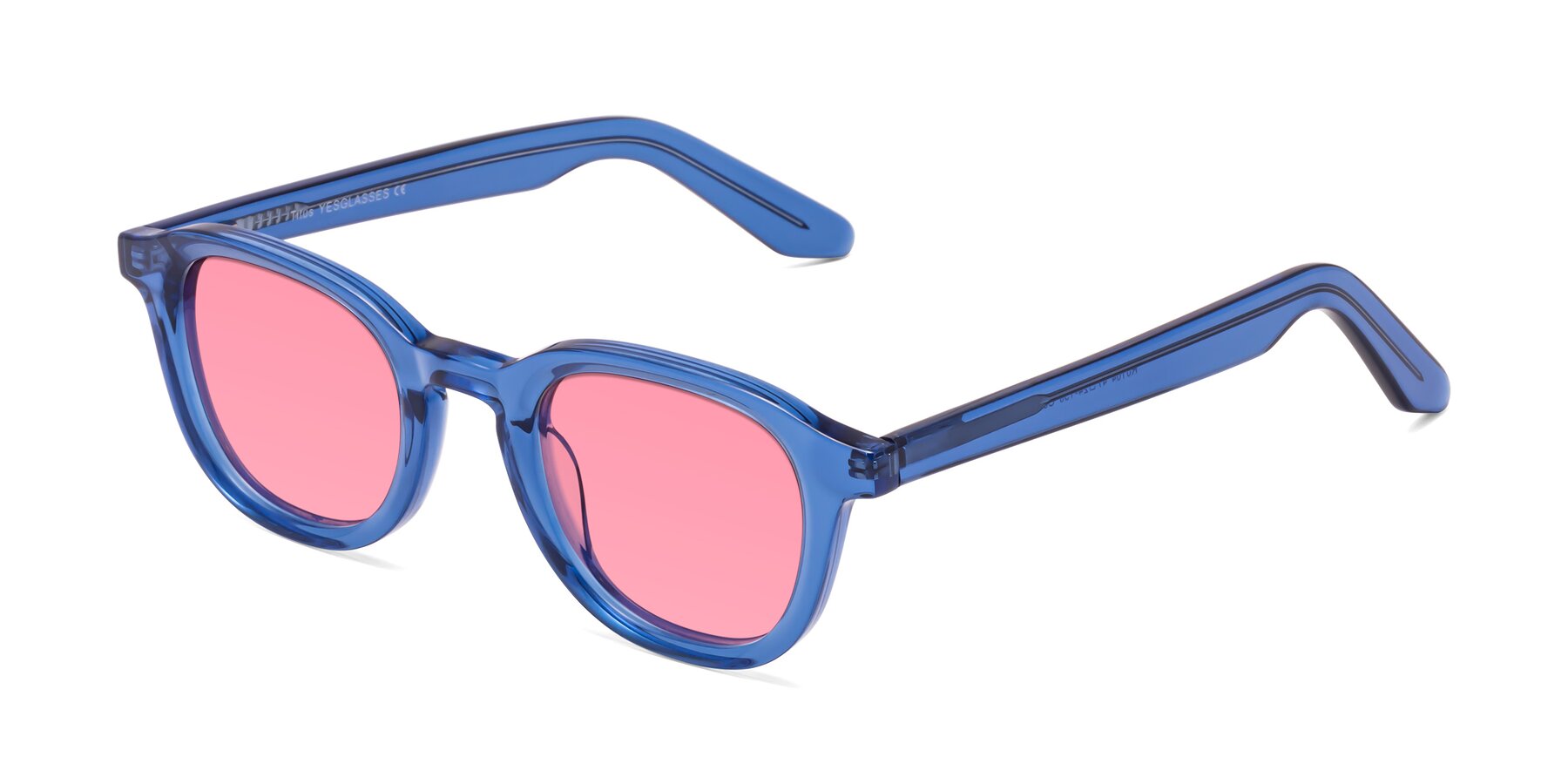 Angle of Titus in Translucent Blue with Pink Tinted Lenses