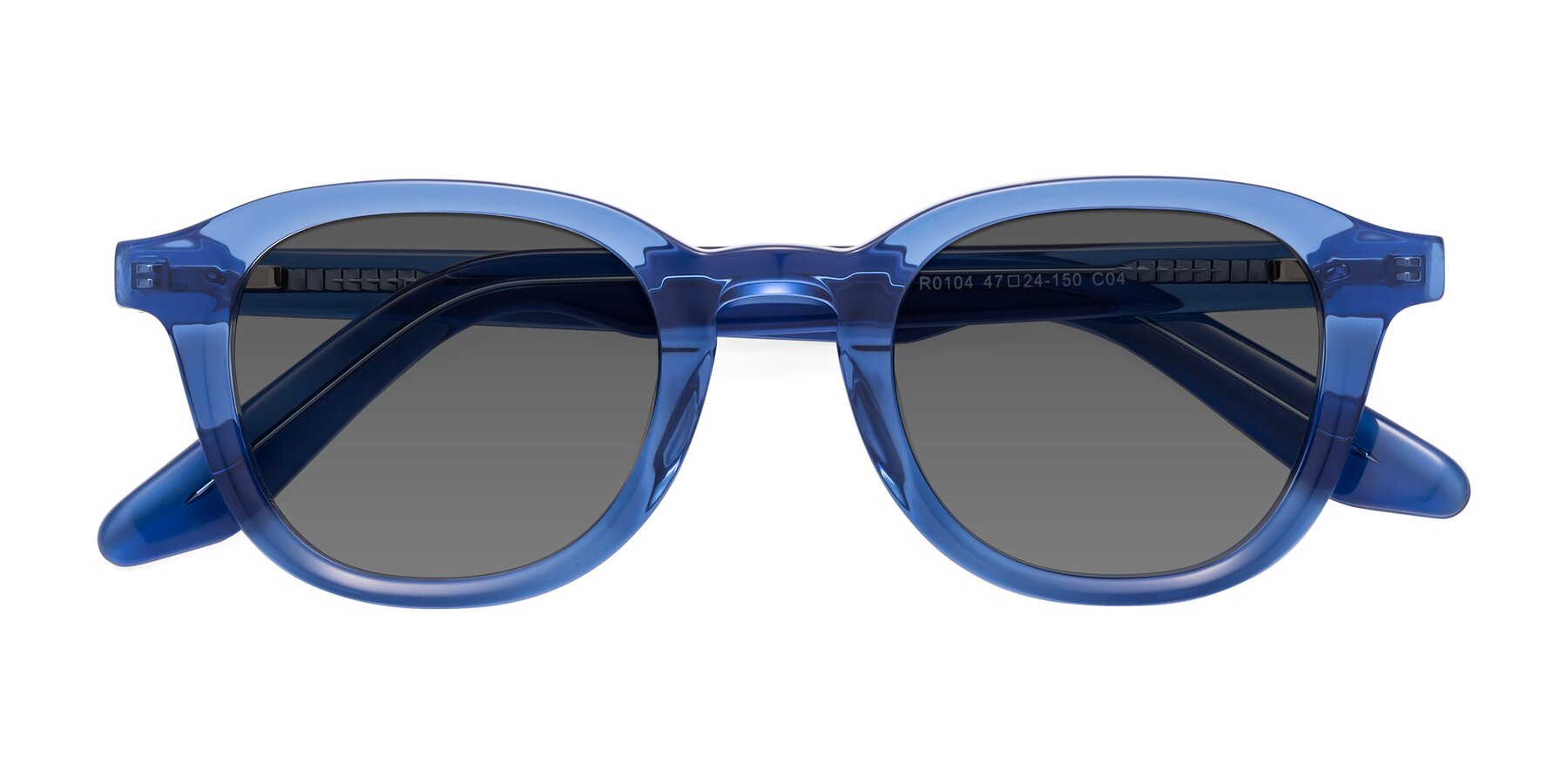 Folded Front of Titus in Translucent Blue with Medium Gray Tinted Lenses