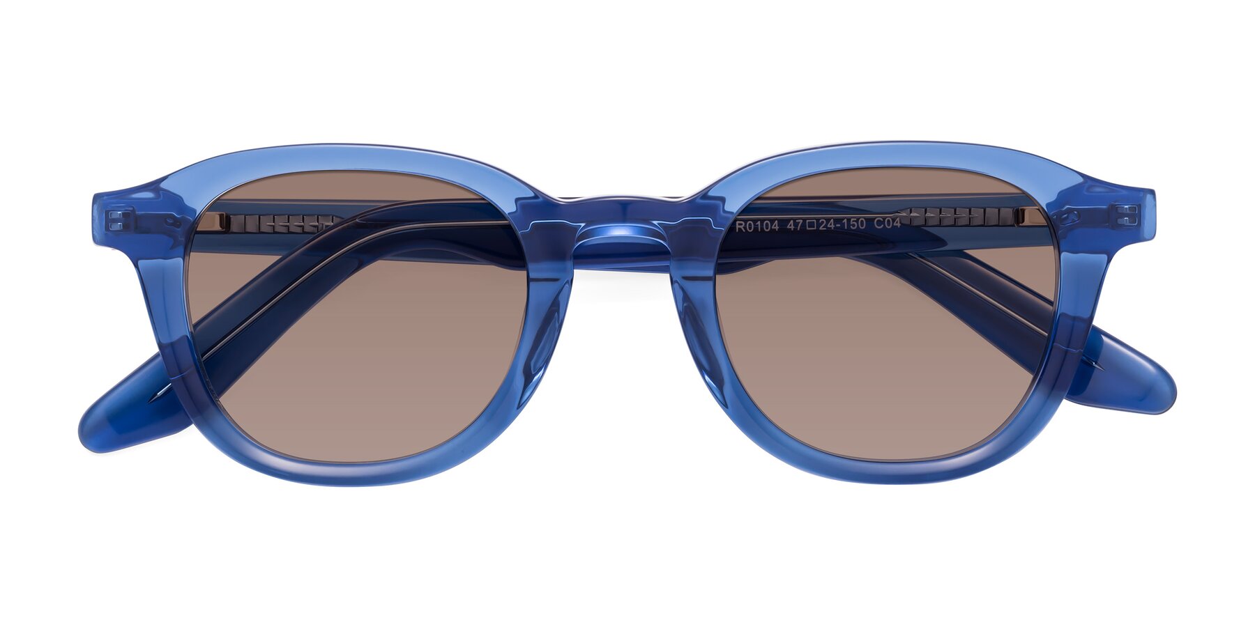 Folded Front of Titus in Translucent Blue with Medium Brown Tinted Lenses