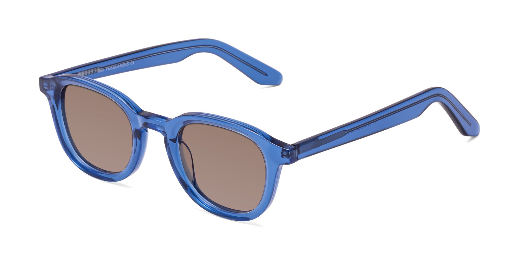 Angle of Titus in Translucent Blue with Medium Brown Tinted Lenses