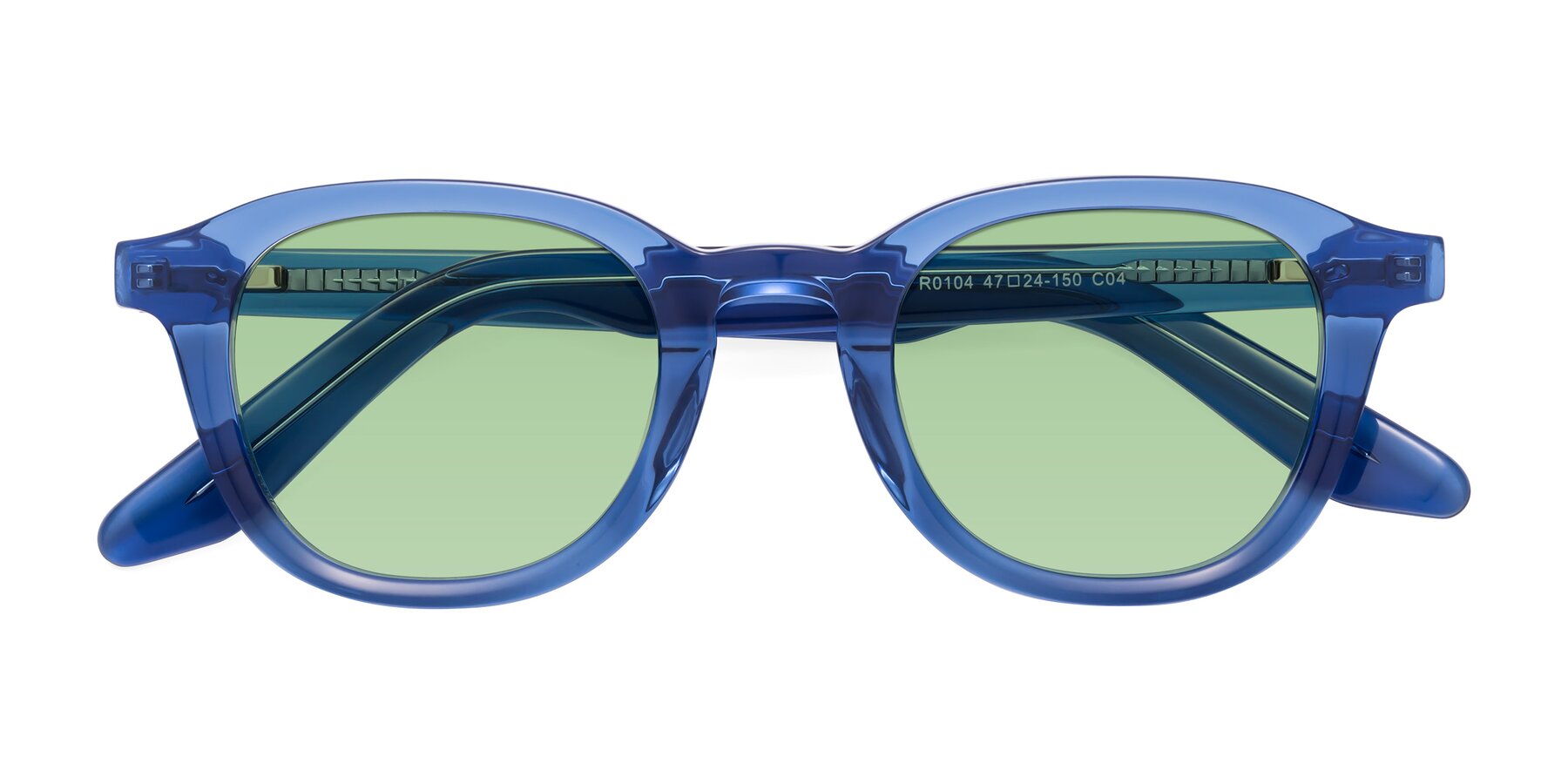 Folded Front of Titus in Translucent Blue with Medium Green Tinted Lenses