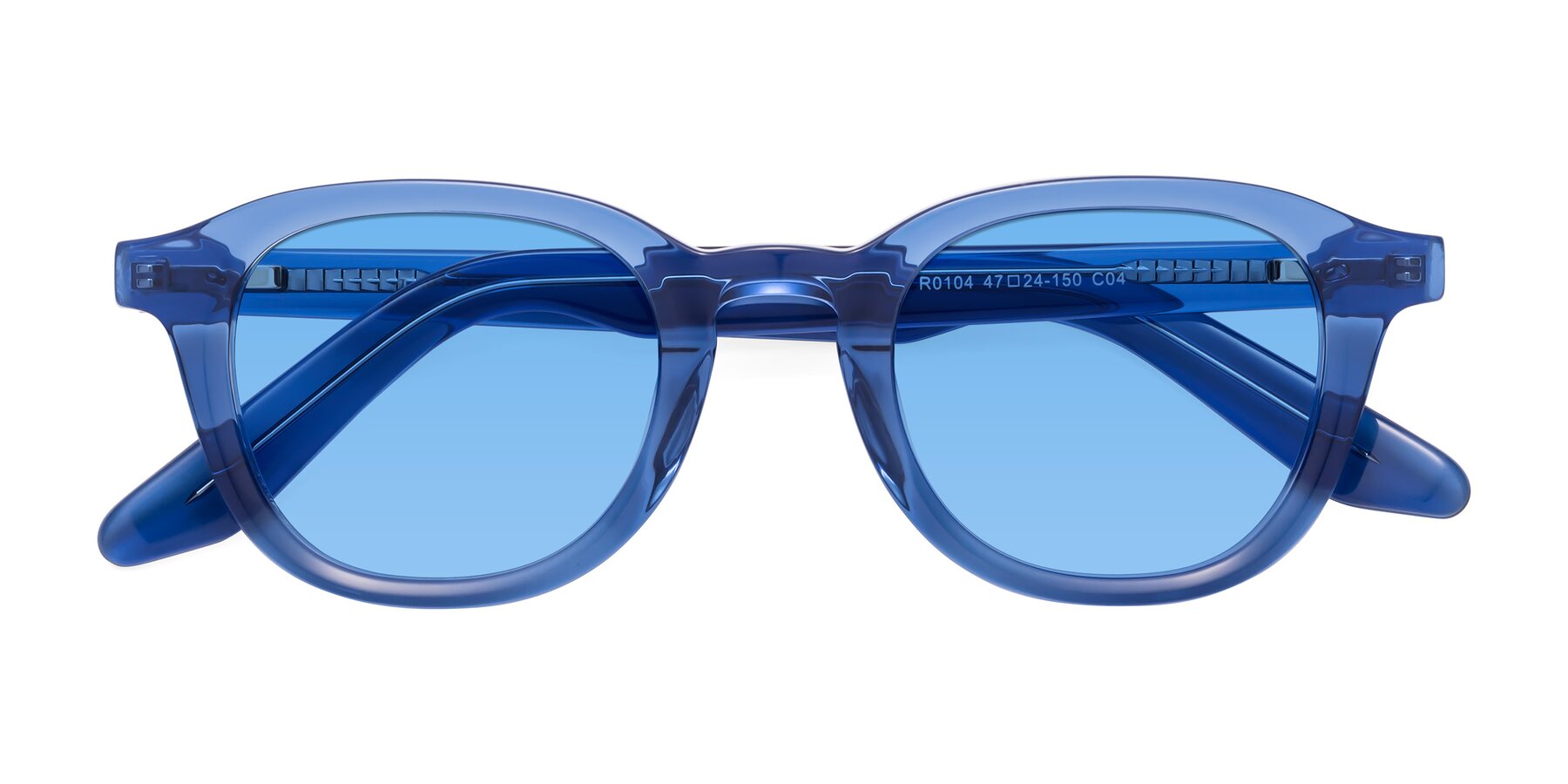 Folded Front of Titus in Translucent Blue with Medium Blue Tinted Lenses
