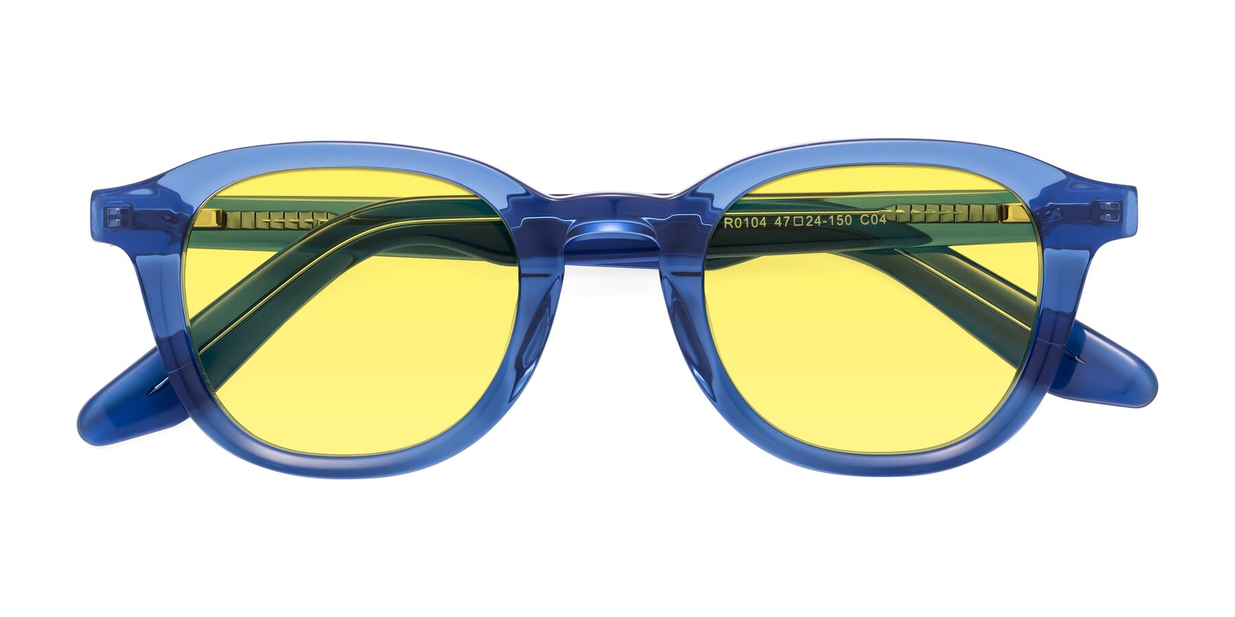 Folded Front of Titus in Translucent Blue with Medium Yellow Tinted Lenses