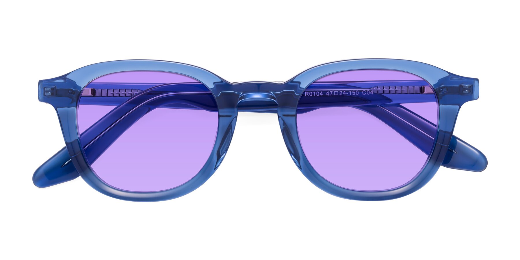 Folded Front of Titus in Translucent Blue with Medium Purple Tinted Lenses