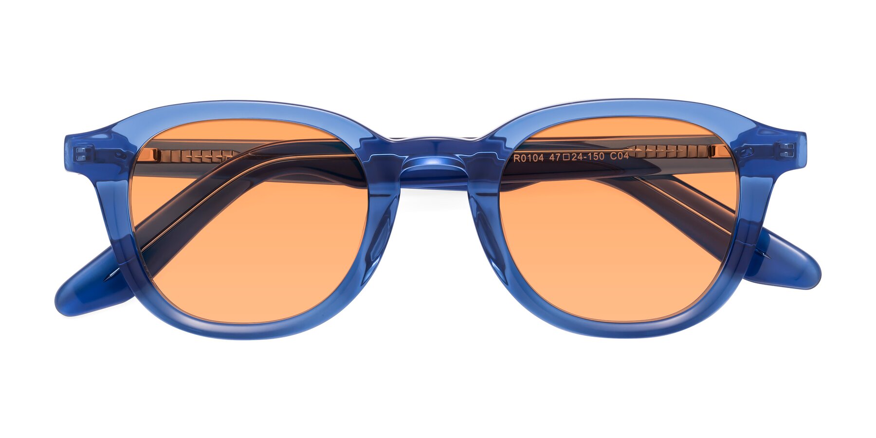 Folded Front of Titus in Translucent Blue with Medium Orange Tinted Lenses