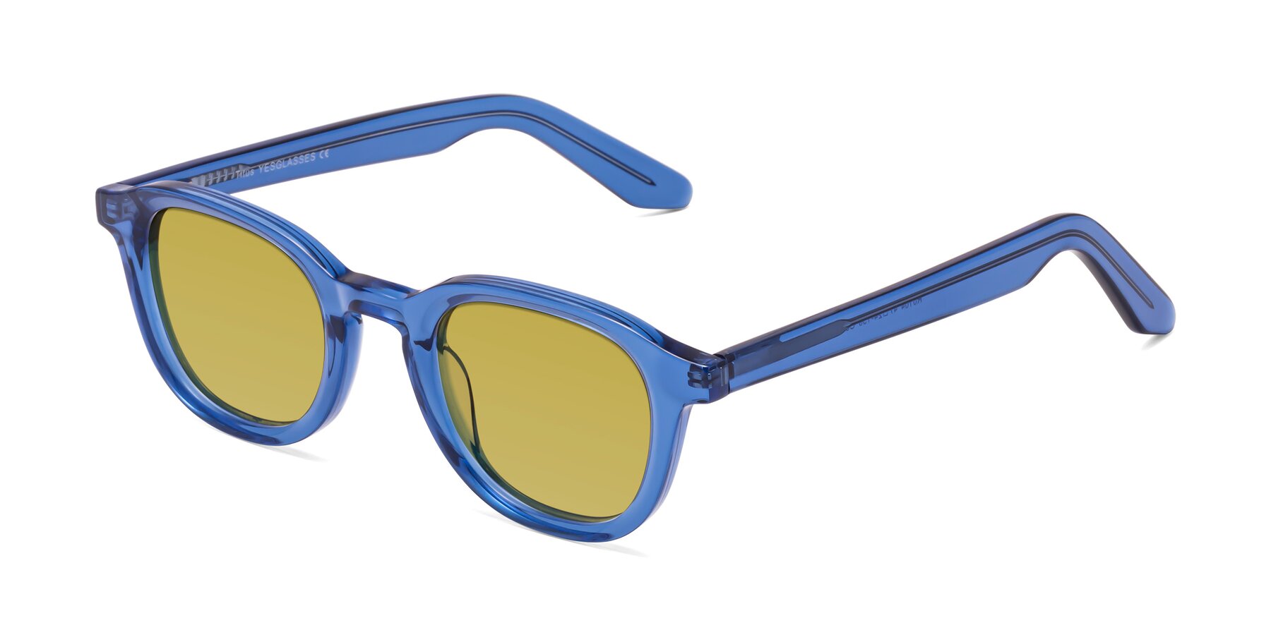 Angle of Titus in Translucent Blue with Champagne Tinted Lenses