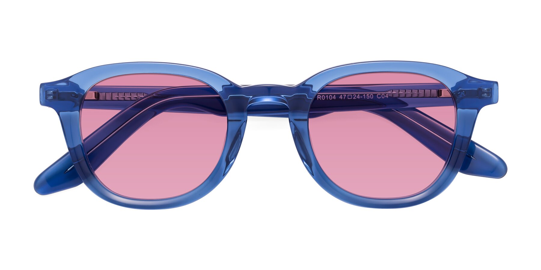 Folded Front of Titus in Translucent Blue with Medium Wine Tinted Lenses