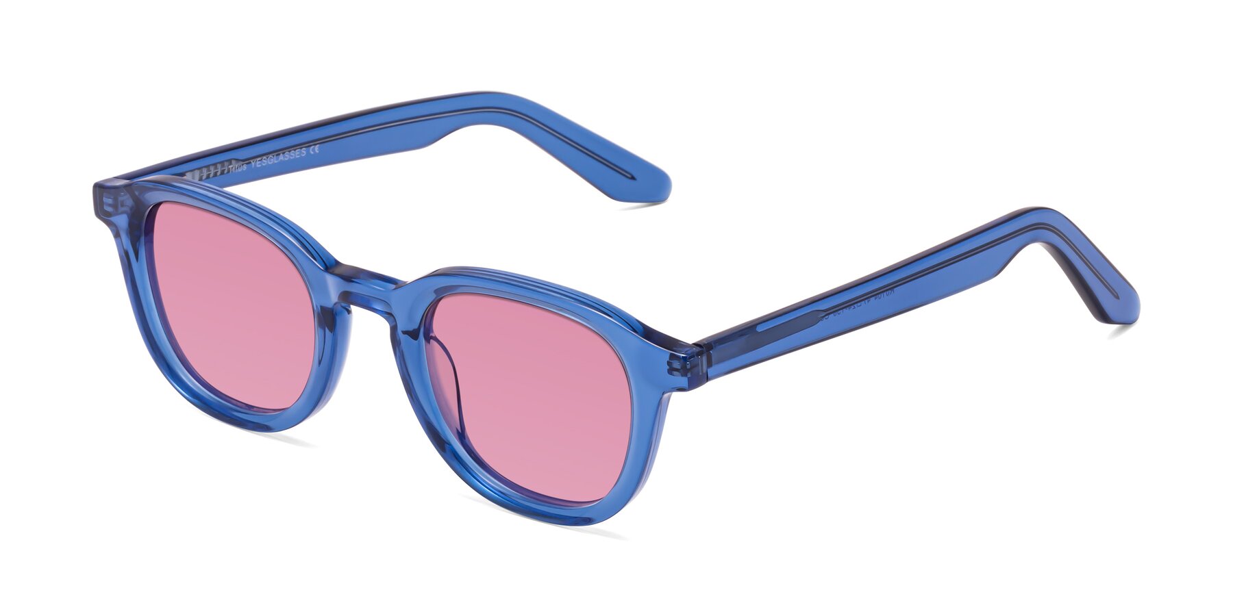 Angle of Titus in Translucent Blue with Medium Wine Tinted Lenses