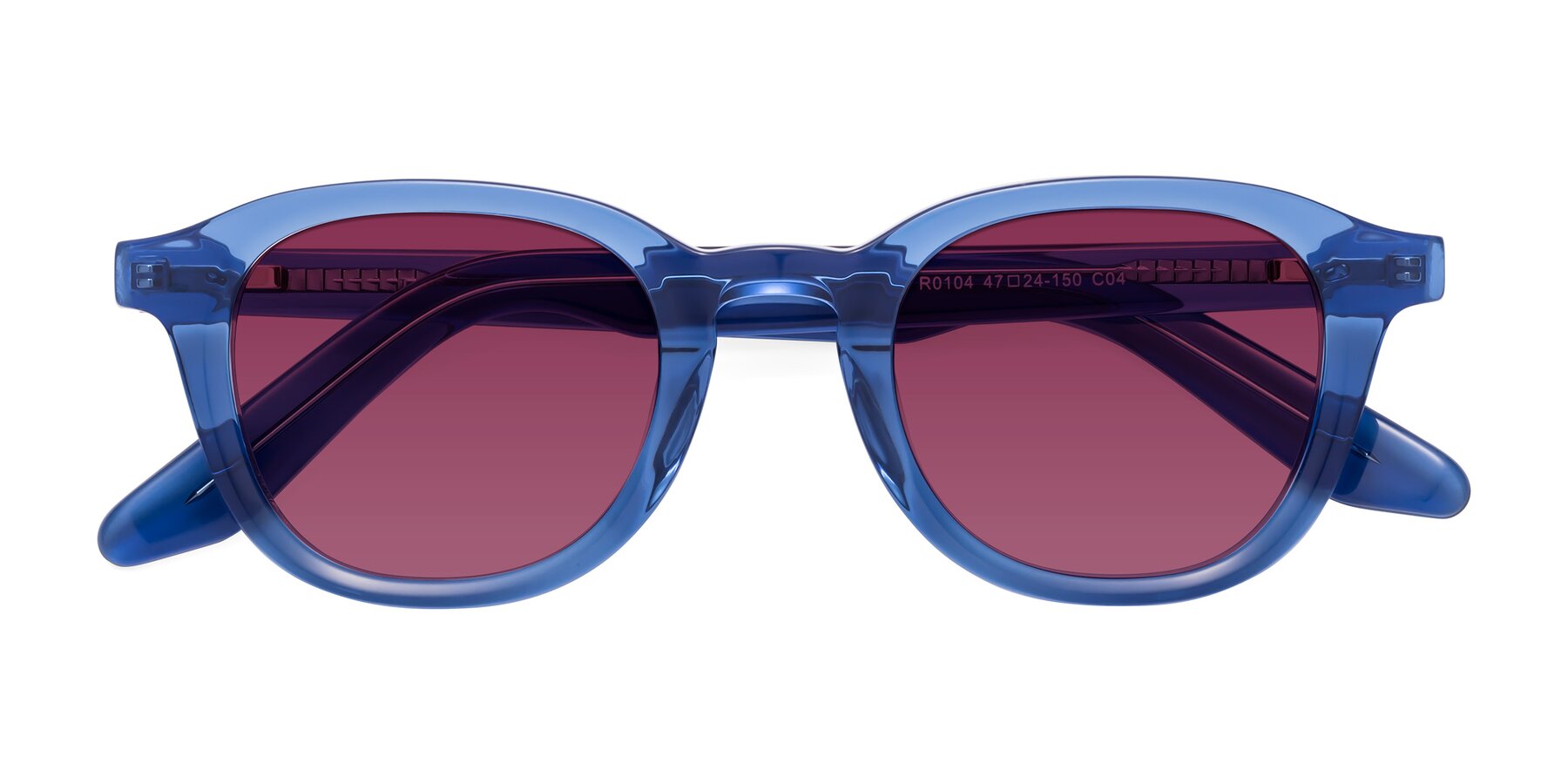 Folded Front of Titus in Translucent Blue with Wine Tinted Lenses