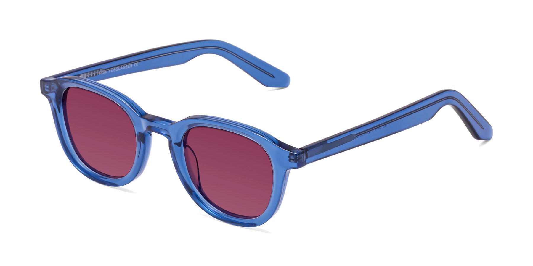 Angle of Titus in Translucent Blue with Wine Tinted Lenses