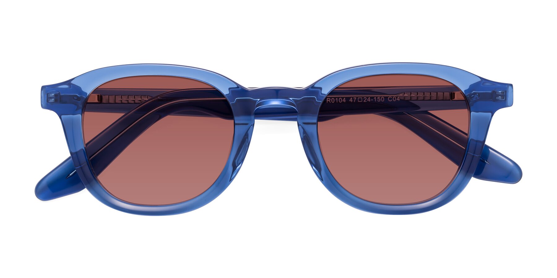 Folded Front of Titus in Translucent Blue with Garnet Tinted Lenses