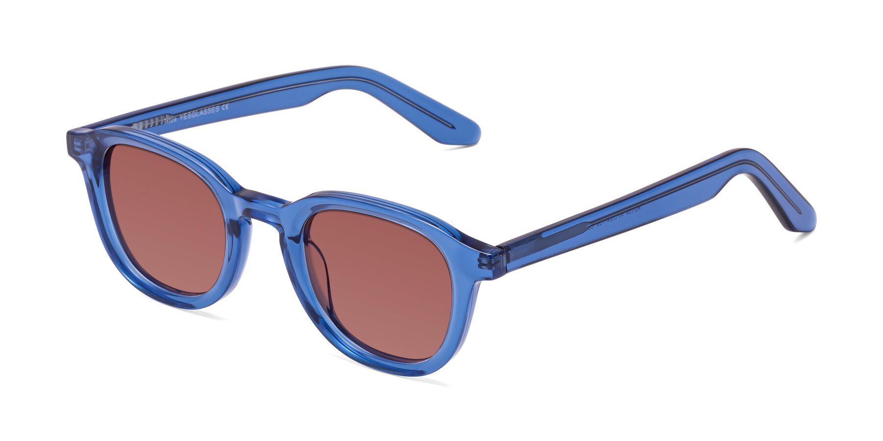 Angle of Titus in Translucent Blue with Garnet Tinted Lenses