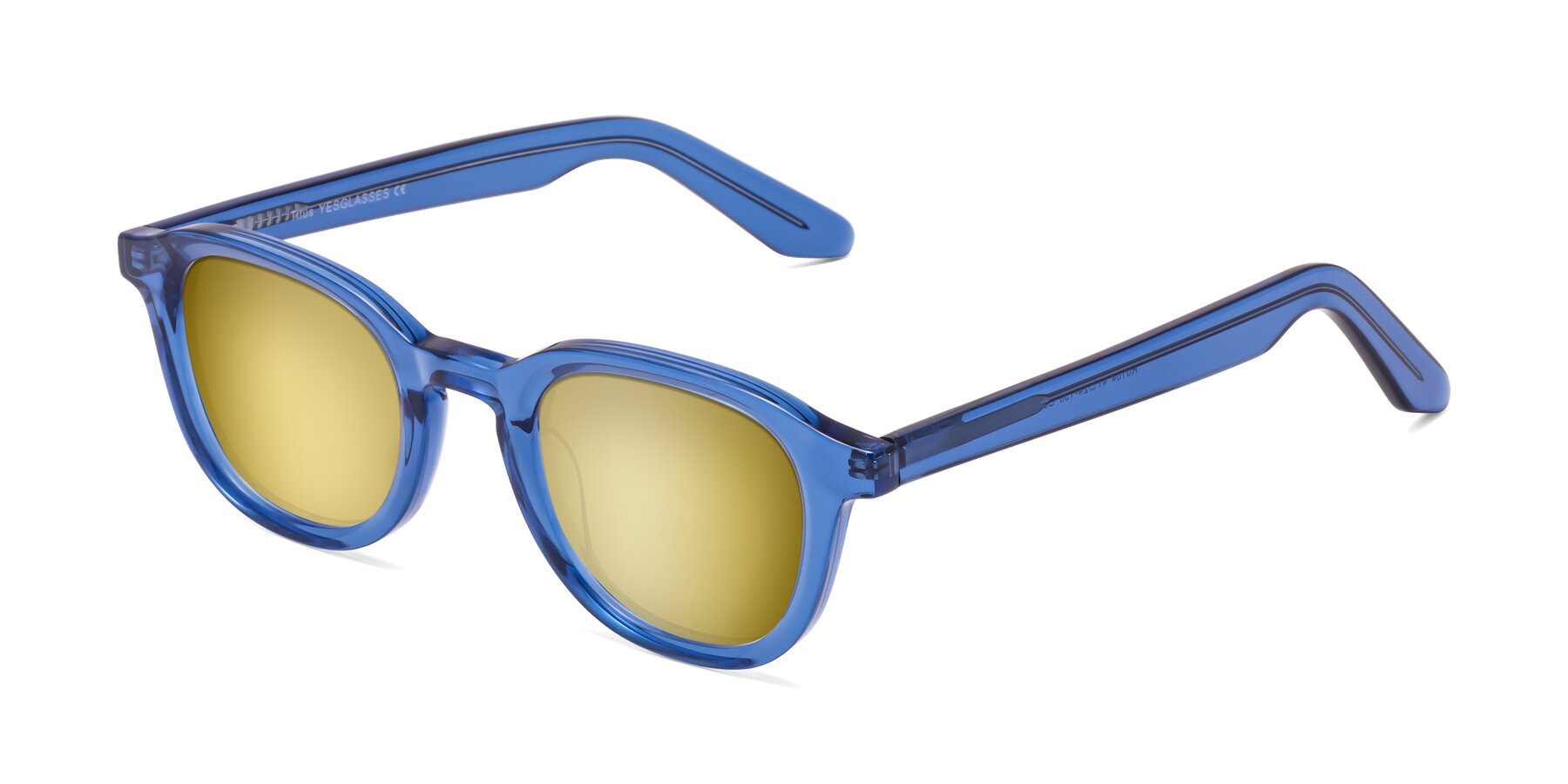 Angle of Titus in Translucent Blue with Gold Mirrored Lenses